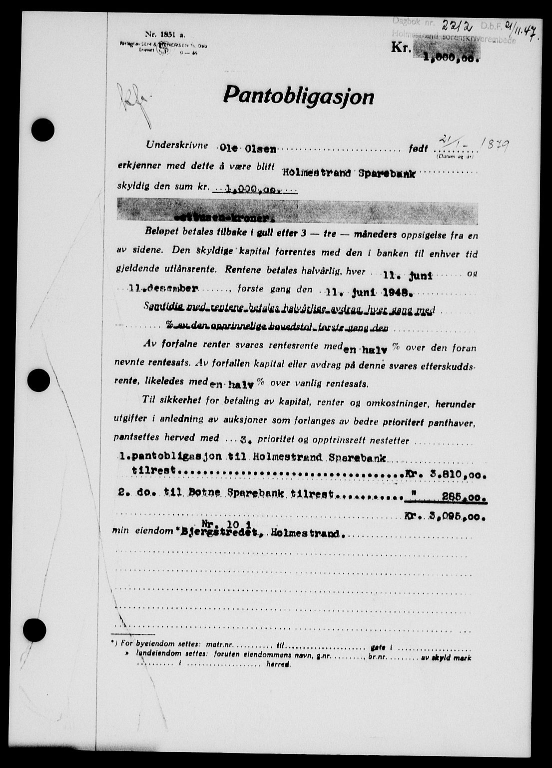 Holmestrand sorenskriveri, SAKO/A-67/G/Ga/Gab/L0058: Pantebok nr. B-58, 1947-1948, Dagboknr: 2212/1947