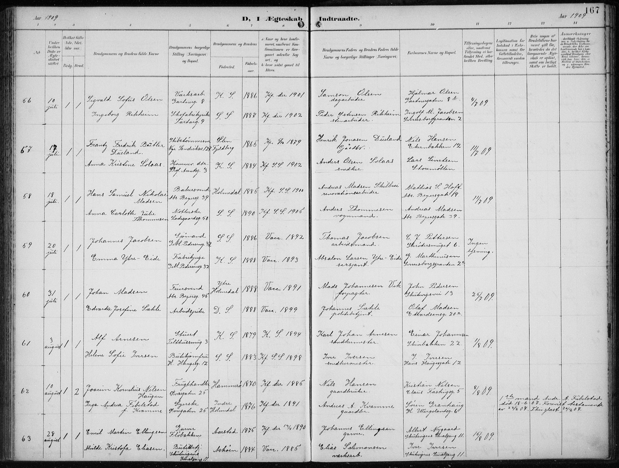 Sandviken Sokneprestembete, AV/SAB-A-77601/H/Ha/L0014: Ministerialbok nr. D 1, 1896-1911, s. 167