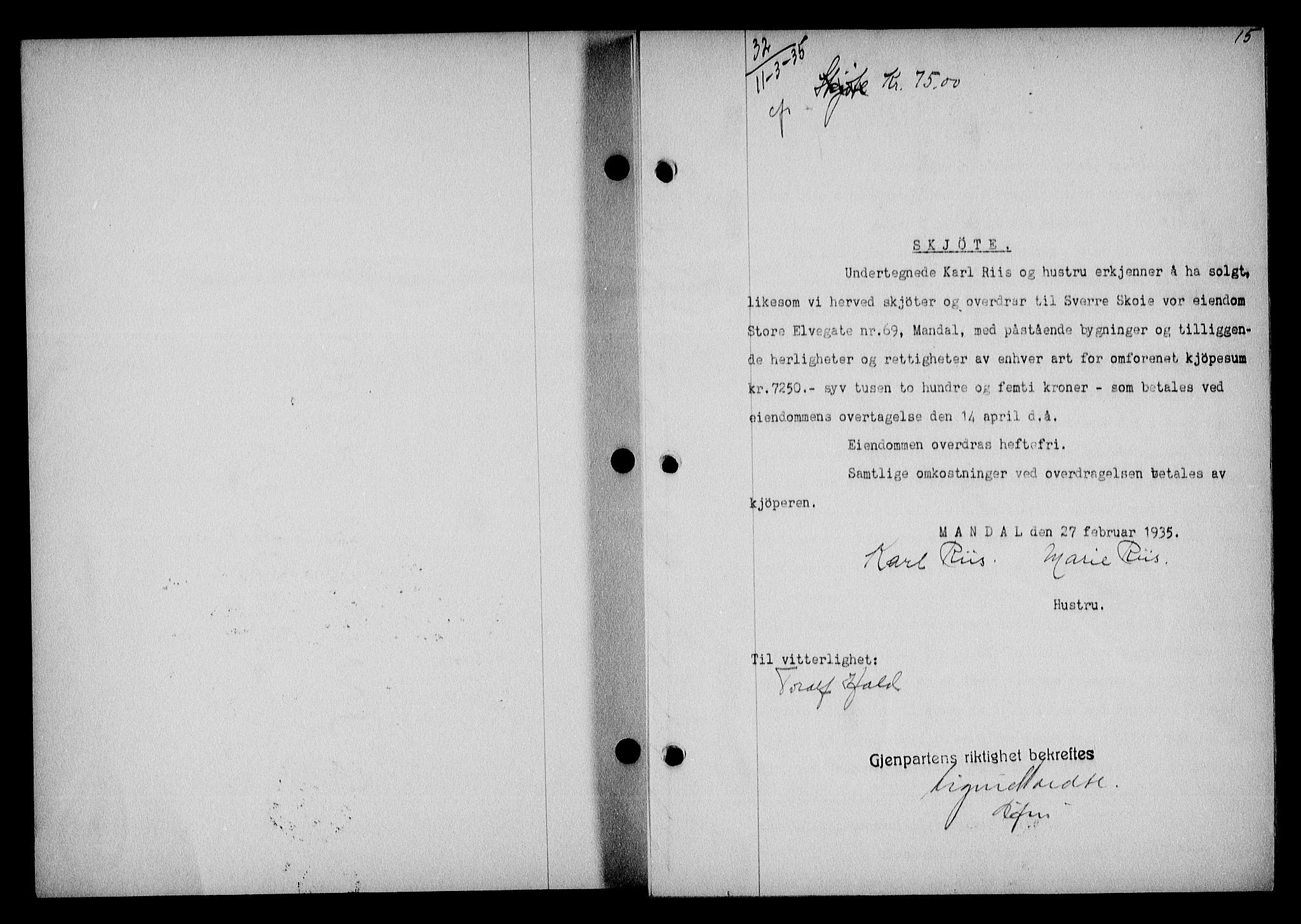 Mandal sorenskriveri, SAK/1221-0005/001/G/Gb/Gba/L0068: Pantebok nr. A-5, 1934-1935, Tingl.dato: 11.03.1935