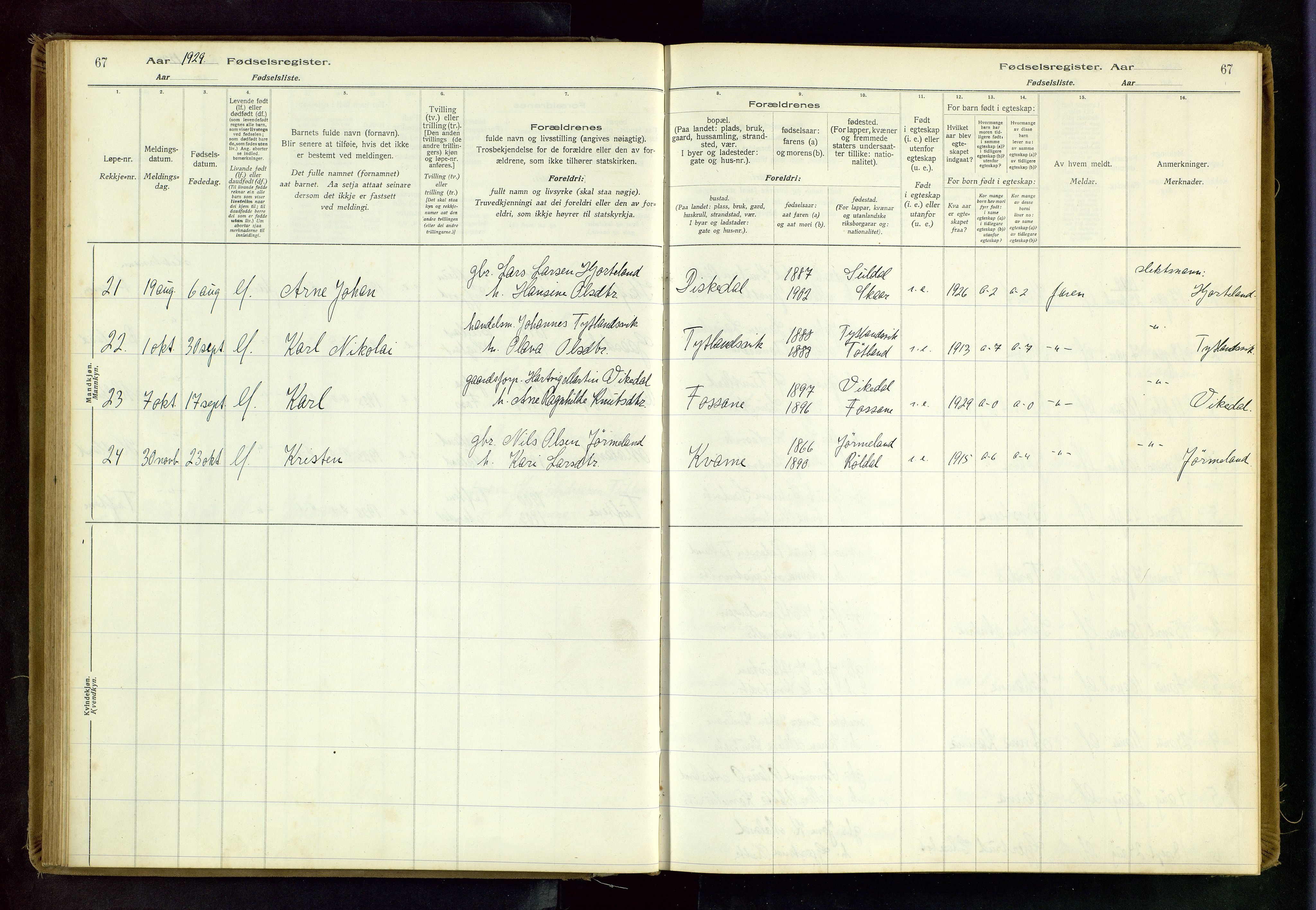 Hjelmeland sokneprestkontor, AV/SAST-A-101843/02/B/L0001: Fødselsregister nr. 1, 1916-1963, s. 67