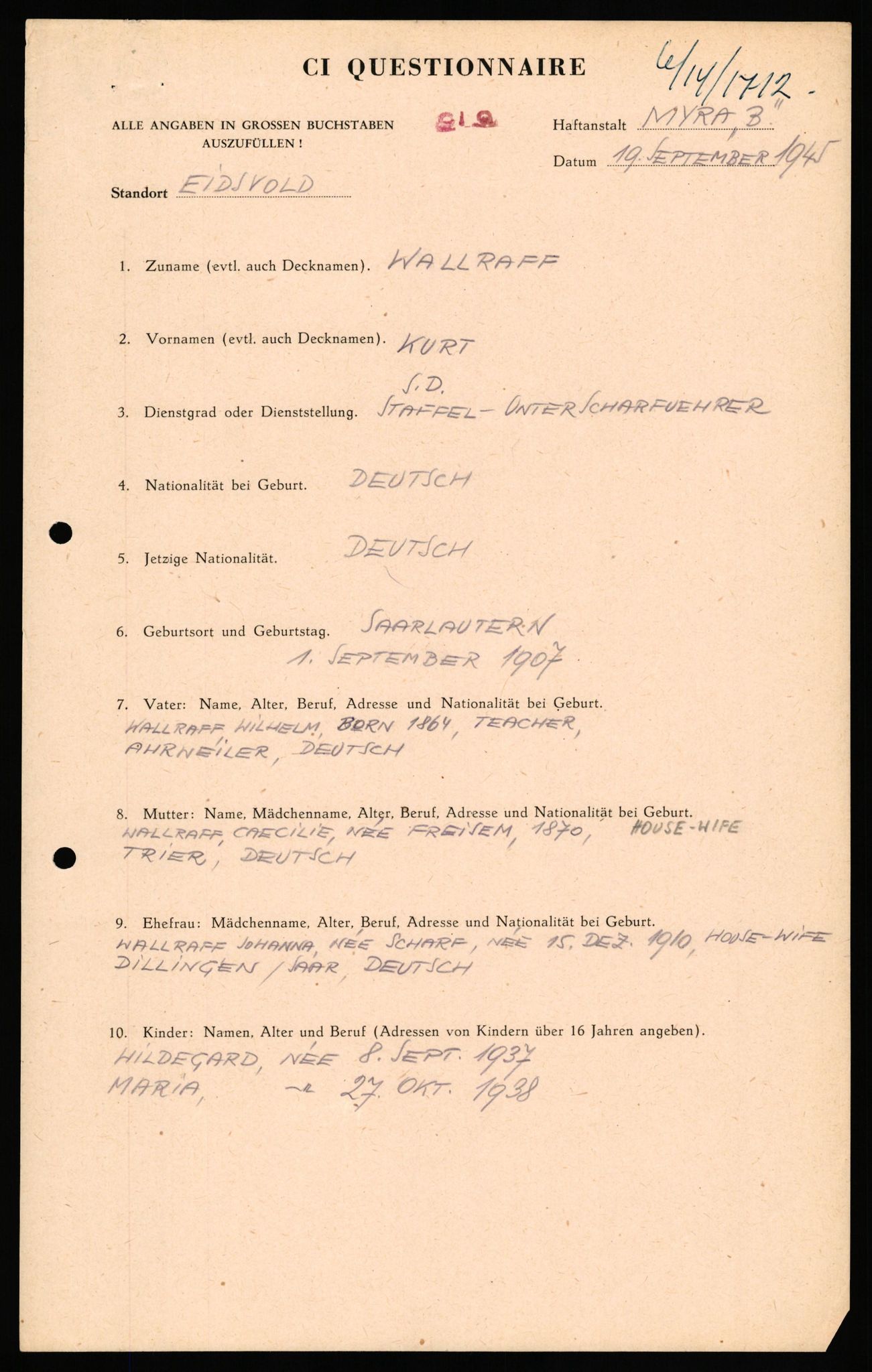 Forsvaret, Forsvarets overkommando II, AV/RA-RAFA-3915/D/Db/L0034: CI Questionaires. Tyske okkupasjonsstyrker i Norge. Tyskere., 1945-1946, s. 445