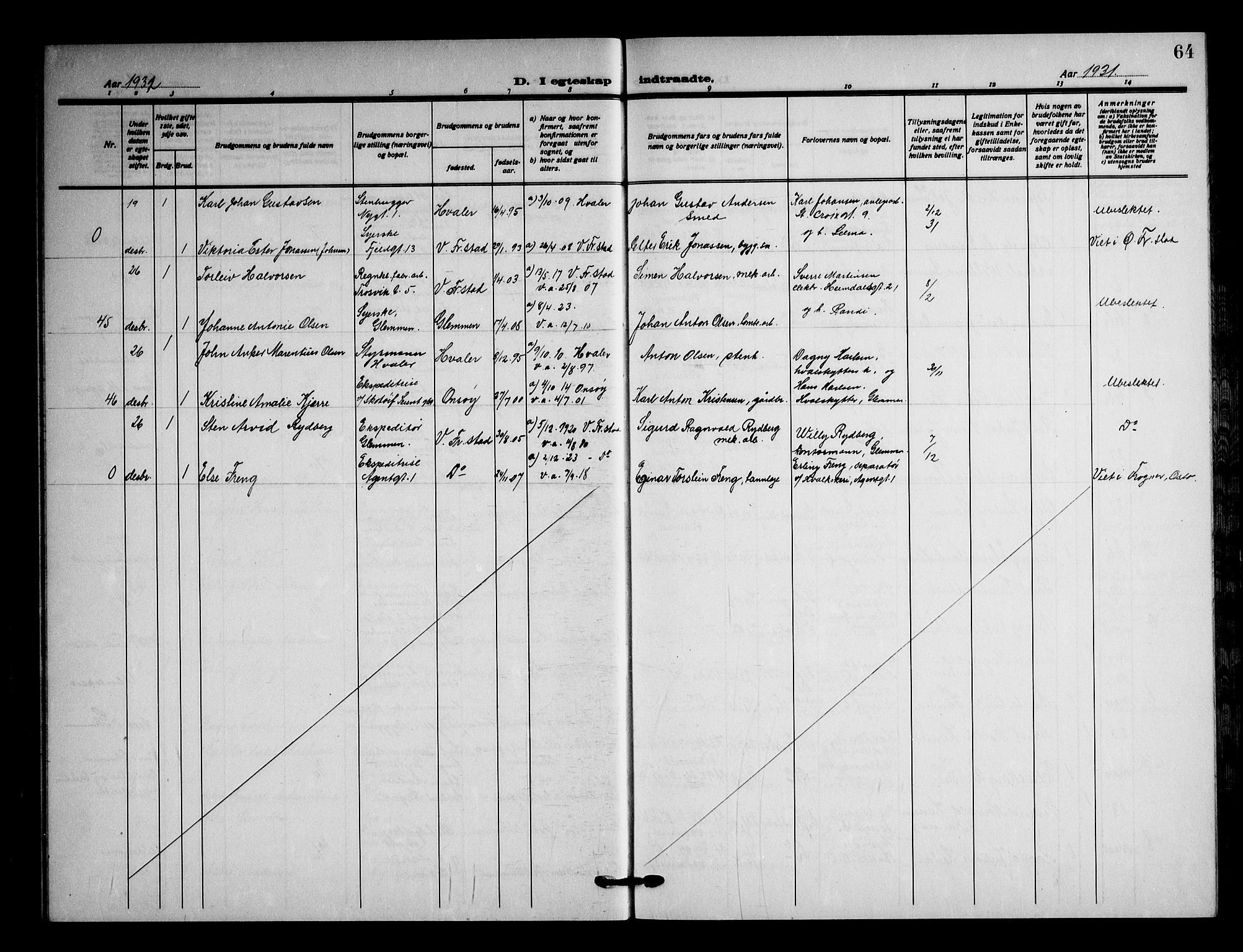 Fredrikstad domkirkes prestekontor Kirkebøker, AV/SAO-A-10906/G/Ga/L0006: Klokkerbok nr. 6, 1923-1949, s. 64