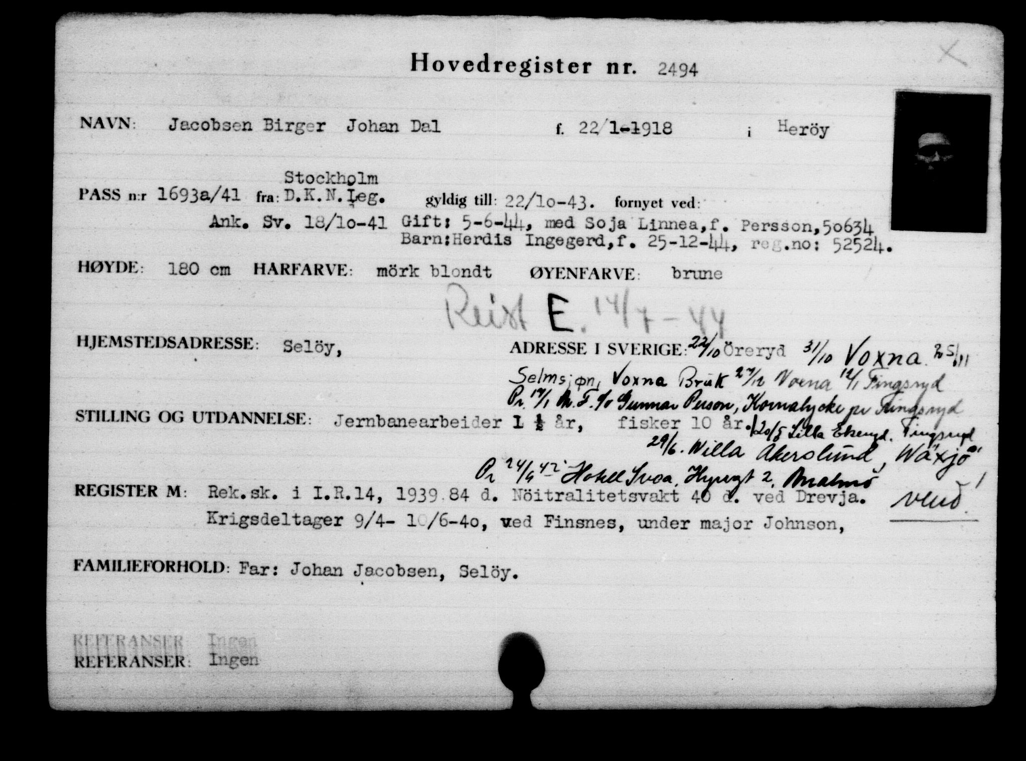 Utenriksstasjonene, Legasjonen i Stockholm, Flyktningkontoret, AV/RA-S-6753/V/Va/L0003: Kjesäterkartoteket, flyktninger med registreringsnr. 2001-3495, 1940-1945, s. 832
