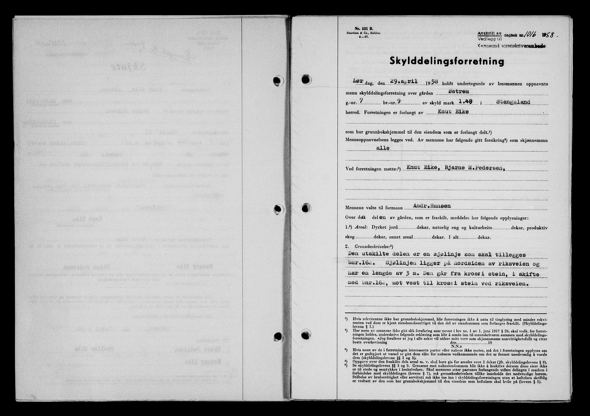 Karmsund sorenskriveri, SAST/A-100311/01/II/IIB/L0128: Pantebok nr. 108A, 1958-1958, Dagboknr: 1016/1958