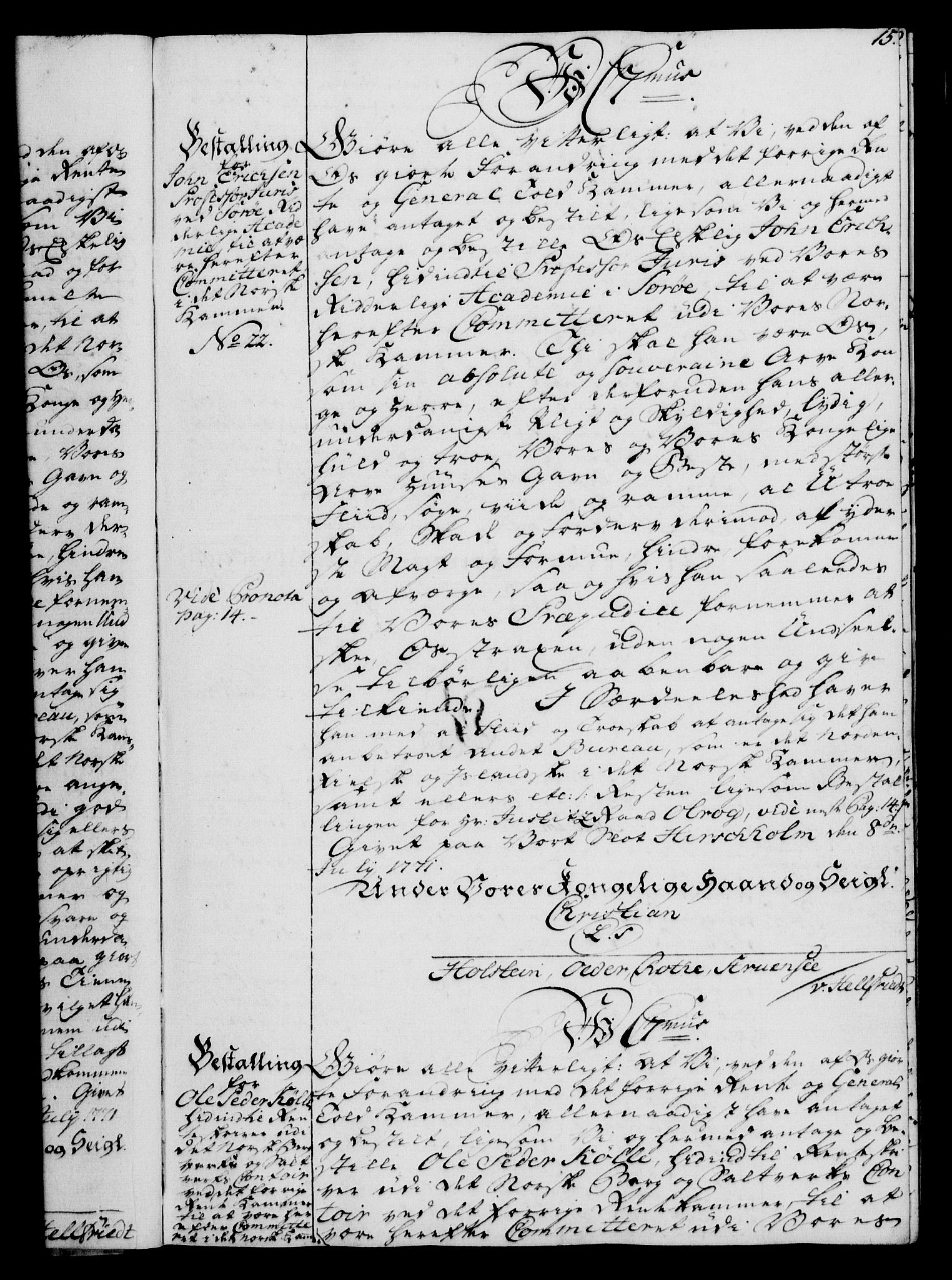 Rentekammeret, Kammerkanselliet, RA/EA-3111/G/Gg/Gge/L0005: Norsk bestallingsprotokoll med register (merket RK 53.29), 1771-1773, s. 15