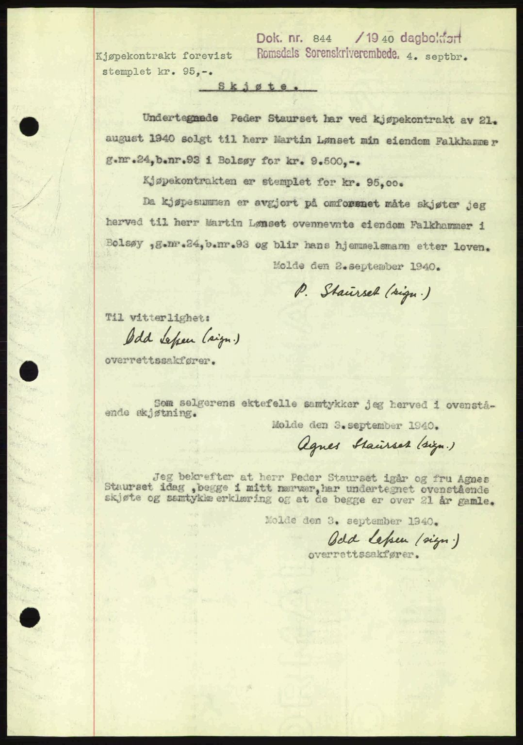 Romsdal sorenskriveri, AV/SAT-A-4149/1/2/2C: Pantebok nr. A8, 1939-1940, Dagboknr: 844/1940