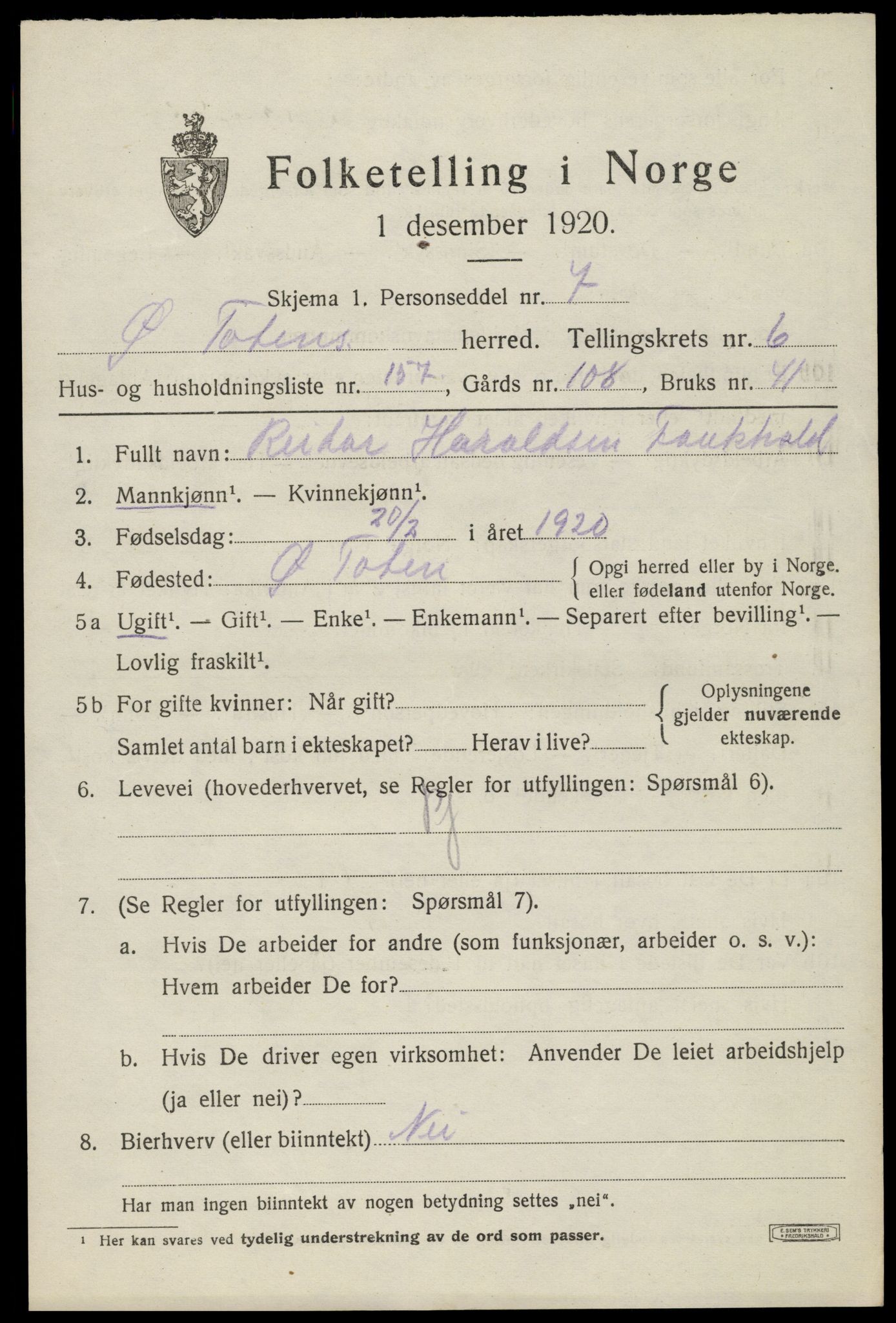 SAH, Folketelling 1920 for 0528 Østre Toten herred, 1920, s. 14974