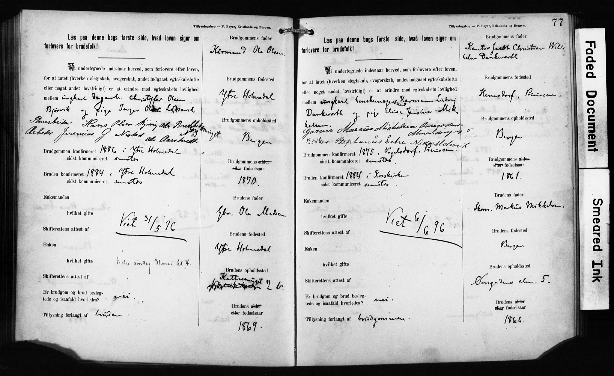Mariakirken Sokneprestembete, AV/SAB-A-76901: Forlovererklæringer nr. II.5.1, 1891-1901, s. 77