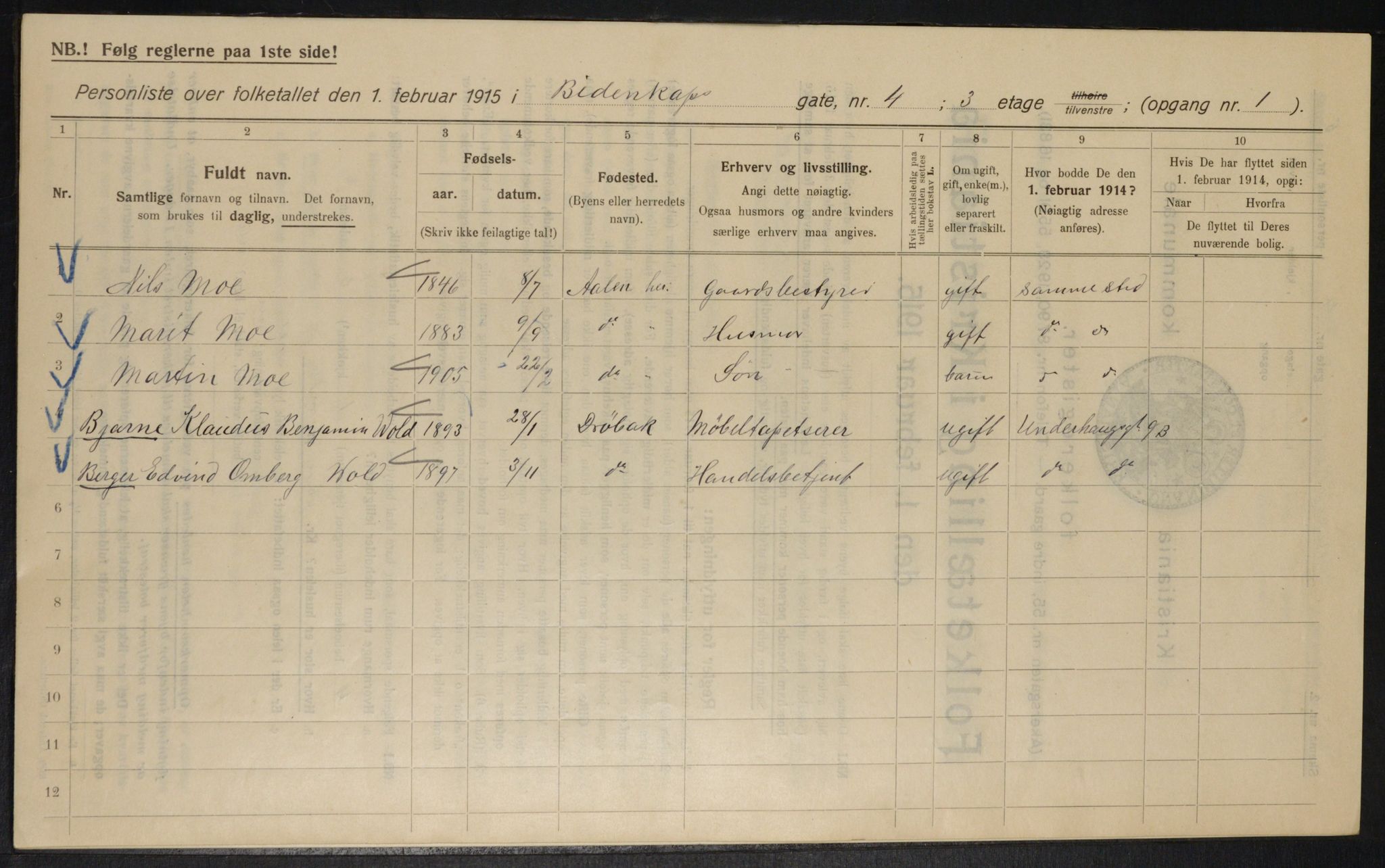 OBA, Kommunal folketelling 1.2.1915 for Kristiania, 1915, s. 4815