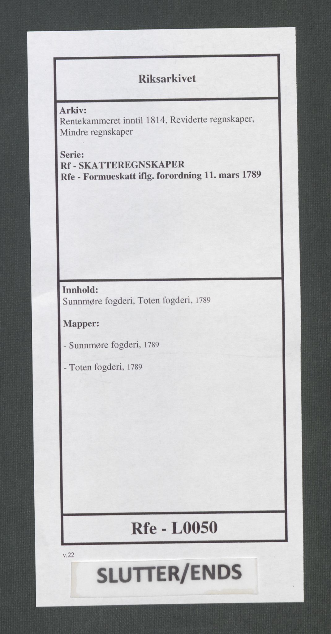 Rentekammeret inntil 1814, Reviderte regnskaper, Mindre regnskaper, AV/RA-EA-4068/Rf/Rfe/L0050: Sunnmøre fogderi, Toten fogderi, 1789, s. 173