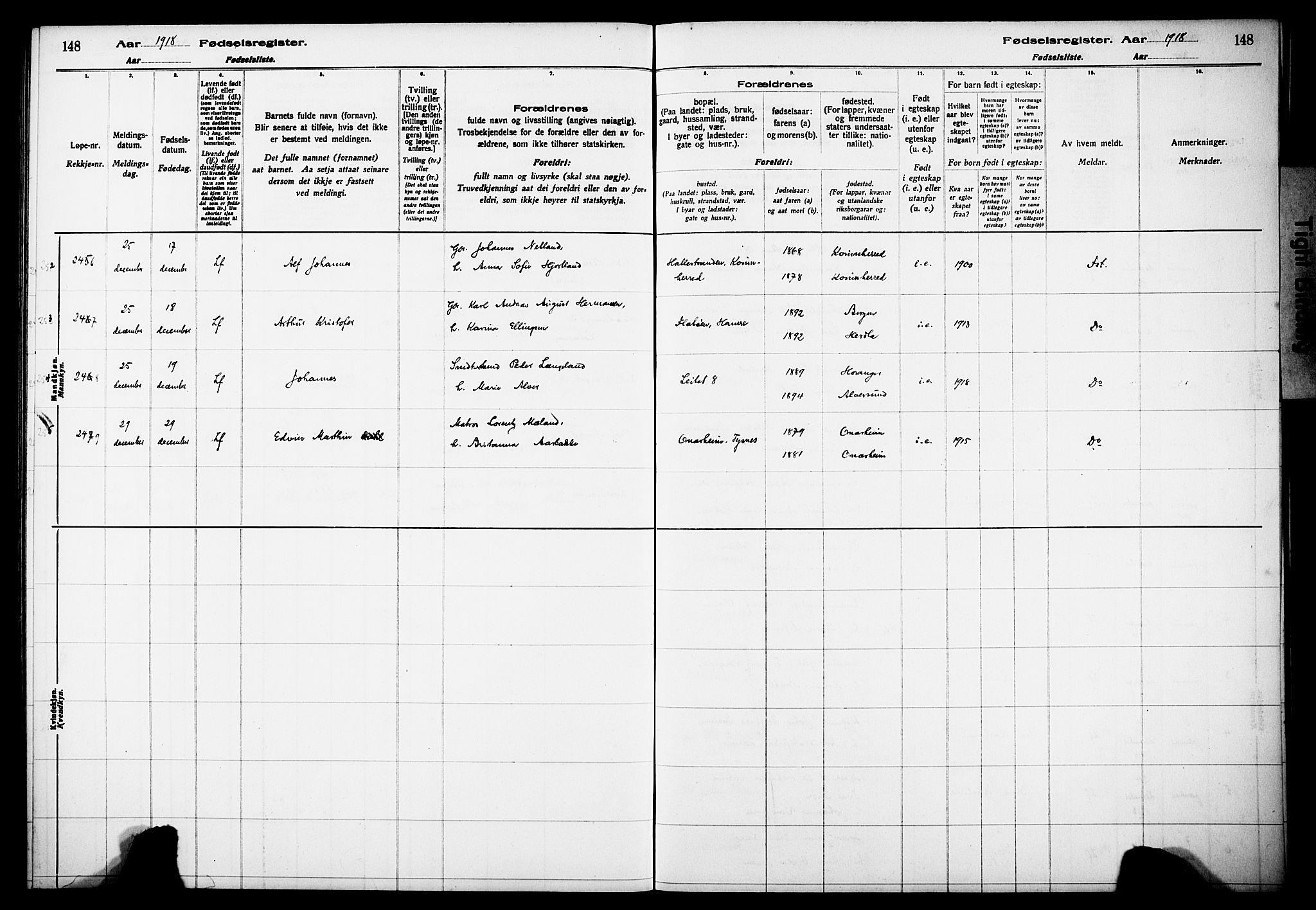 Kvinneklinikken, AV/SAB-A-76301/F/L0A01: Fødselsregister nr. A 1, 1916-1920, s. 148