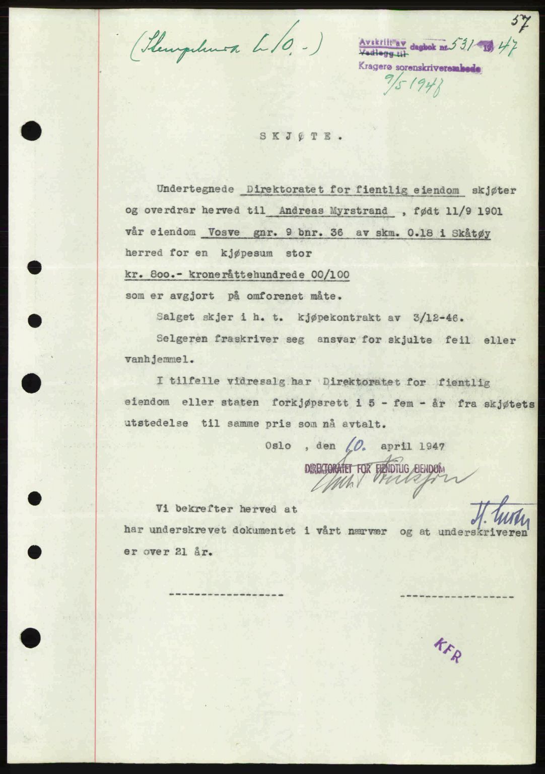 Kragerø sorenskriveri, SAKO/A-65/G/Ga/Gab/L0061: Pantebok nr. A-61, 1947-1947, Dagboknr: 531/1947