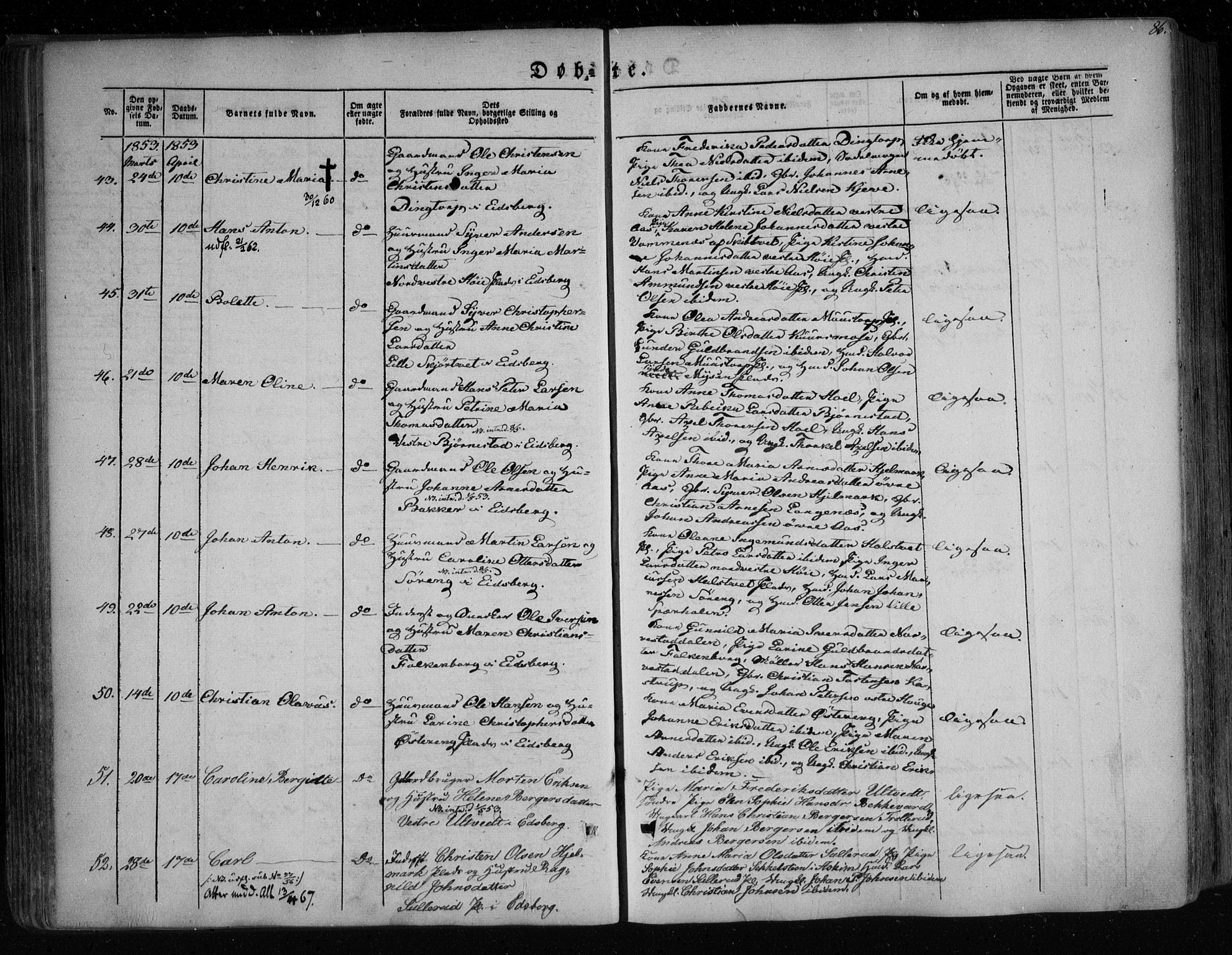 Eidsberg prestekontor Kirkebøker, AV/SAO-A-10905/F/Fa/L0009: Ministerialbok nr. I 9, 1849-1856, s. 86