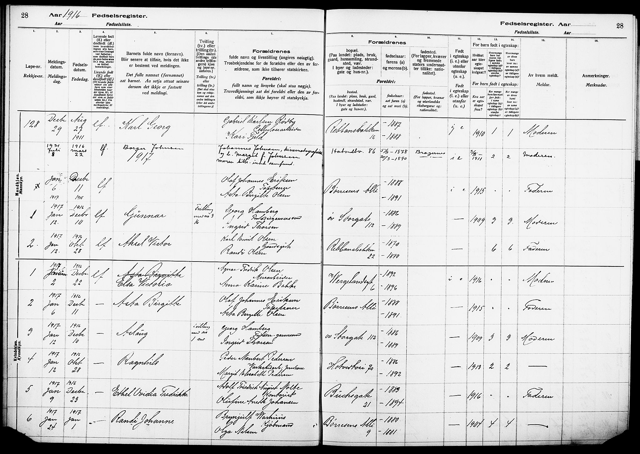 Bragernes kirkebøker, AV/SAKO-A-6/J/Ja/L0001: Fødselsregister nr. 1, 1916-1922, s. 28