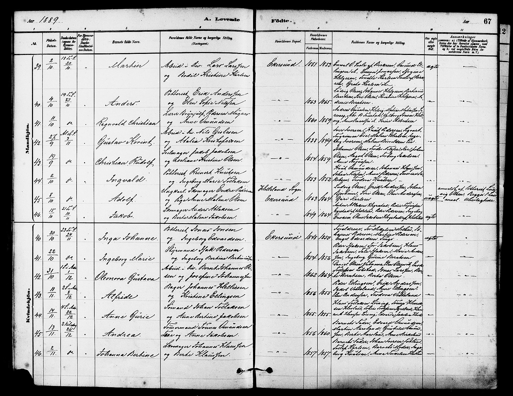 Eigersund sokneprestkontor, AV/SAST-A-101807/S08/L0015: Ministerialbok nr. A 15, 1879-1892, s. 67