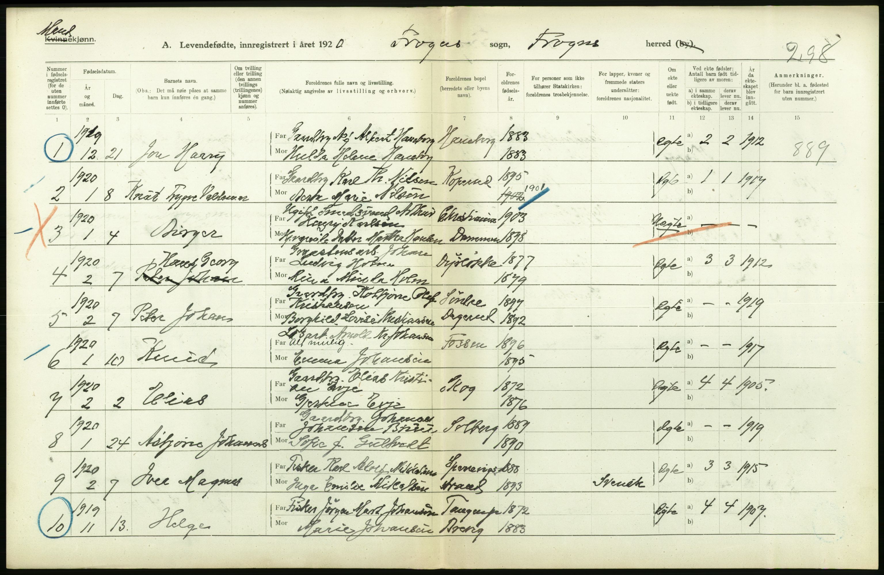 Statistisk sentralbyrå, Sosiodemografiske emner, Befolkning, RA/S-2228/D/Df/Dfb/Dfbj/L0004: Akershus fylke: Levendefødte menn og kvinner. Bygder., 1920, s. 486