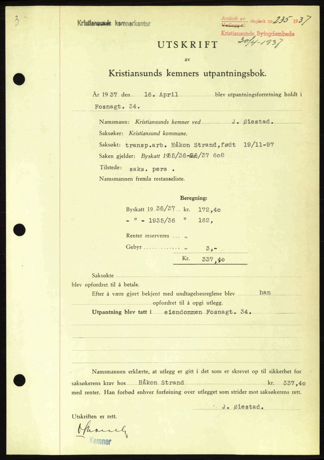 Kristiansund byfogd, SAT/A-4587/A/27: Pantebok nr. 29, 1936-1937, Dagboknr: 235/1937