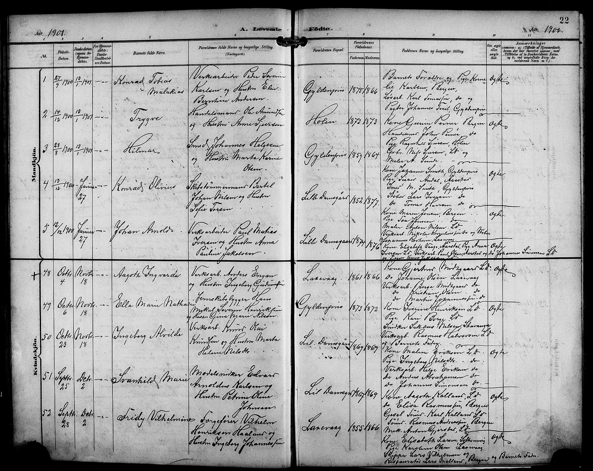 Laksevåg Sokneprestembete, AV/SAB-A-76501/H/Ha/Hab/Haba/L0004: Klokkerbok nr. A 4, 1899-1909, s. 22