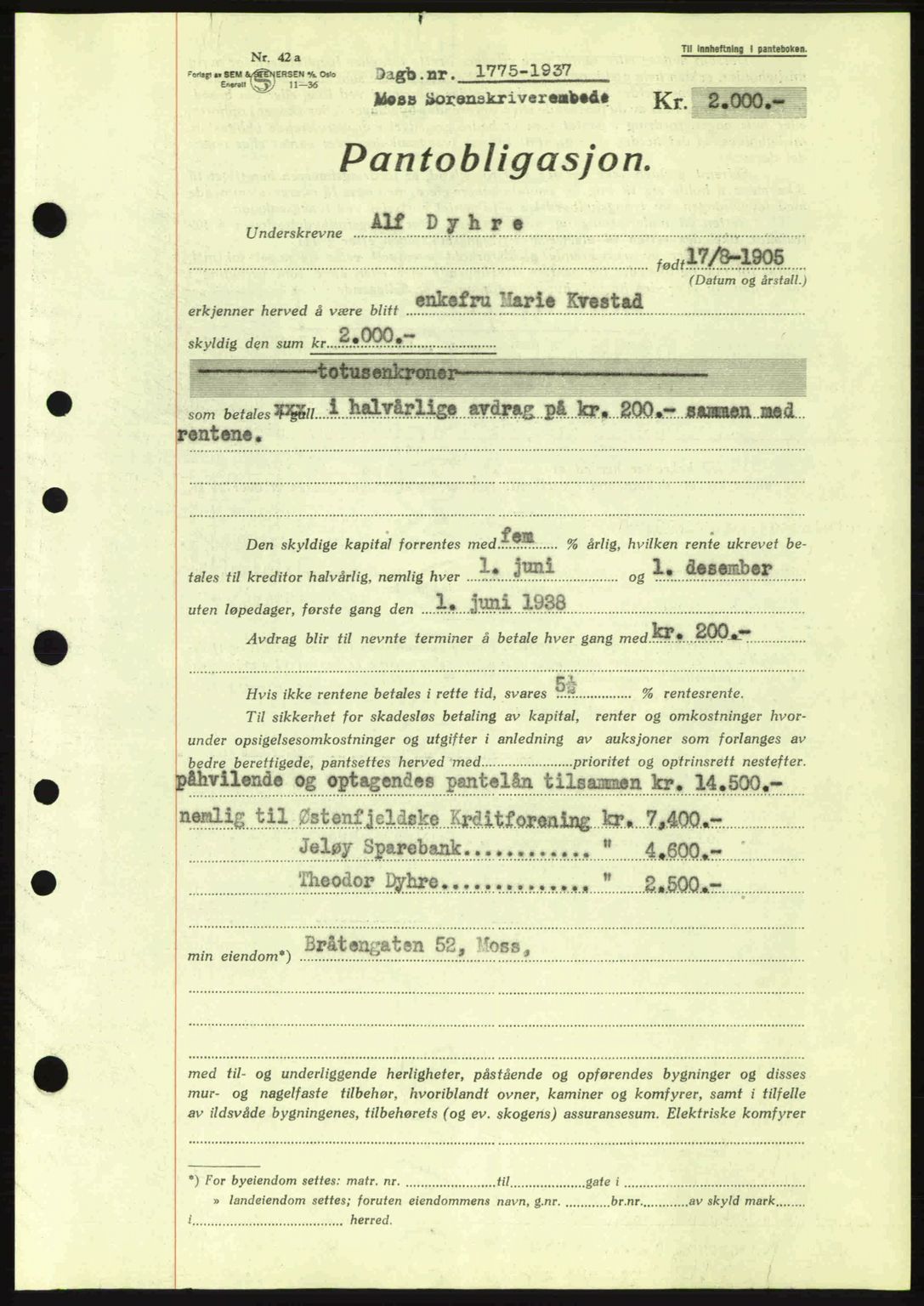 Moss sorenskriveri, SAO/A-10168: Pantebok nr. B4, 1937-1938, Dagboknr: 1775/1937