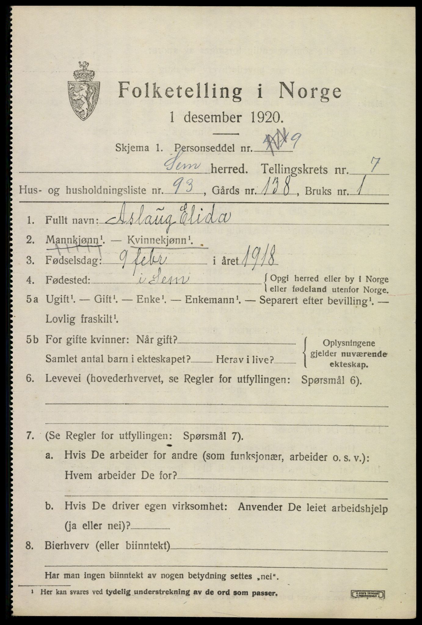 SAKO, Folketelling 1920 for 0721 Sem herred, 1920, s. 11181
