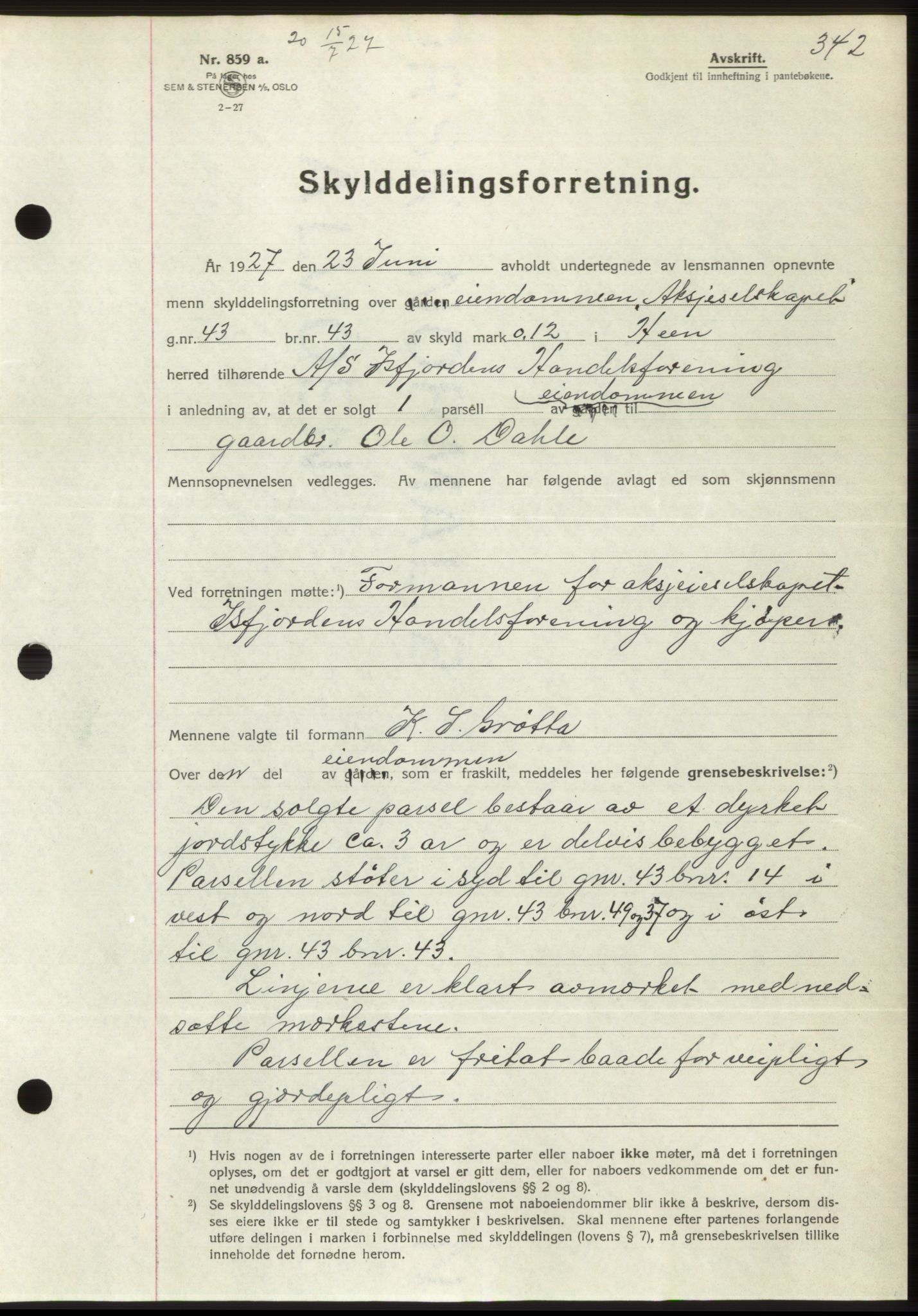 Romsdal sorenskriveri, SAT/A-4149/1/2/2C/L0052: Pantebok nr. 46, 1927-1927, Tingl.dato: 15.07.1927