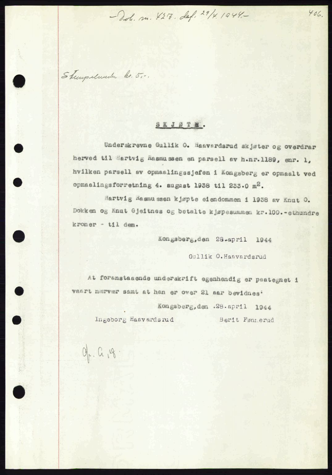 Numedal og Sandsvær sorenskriveri, SAKO/A-128/G/Ga/Gaa/L0055: Pantebok nr. A7, 1943-1944, Dagboknr: 427/1944