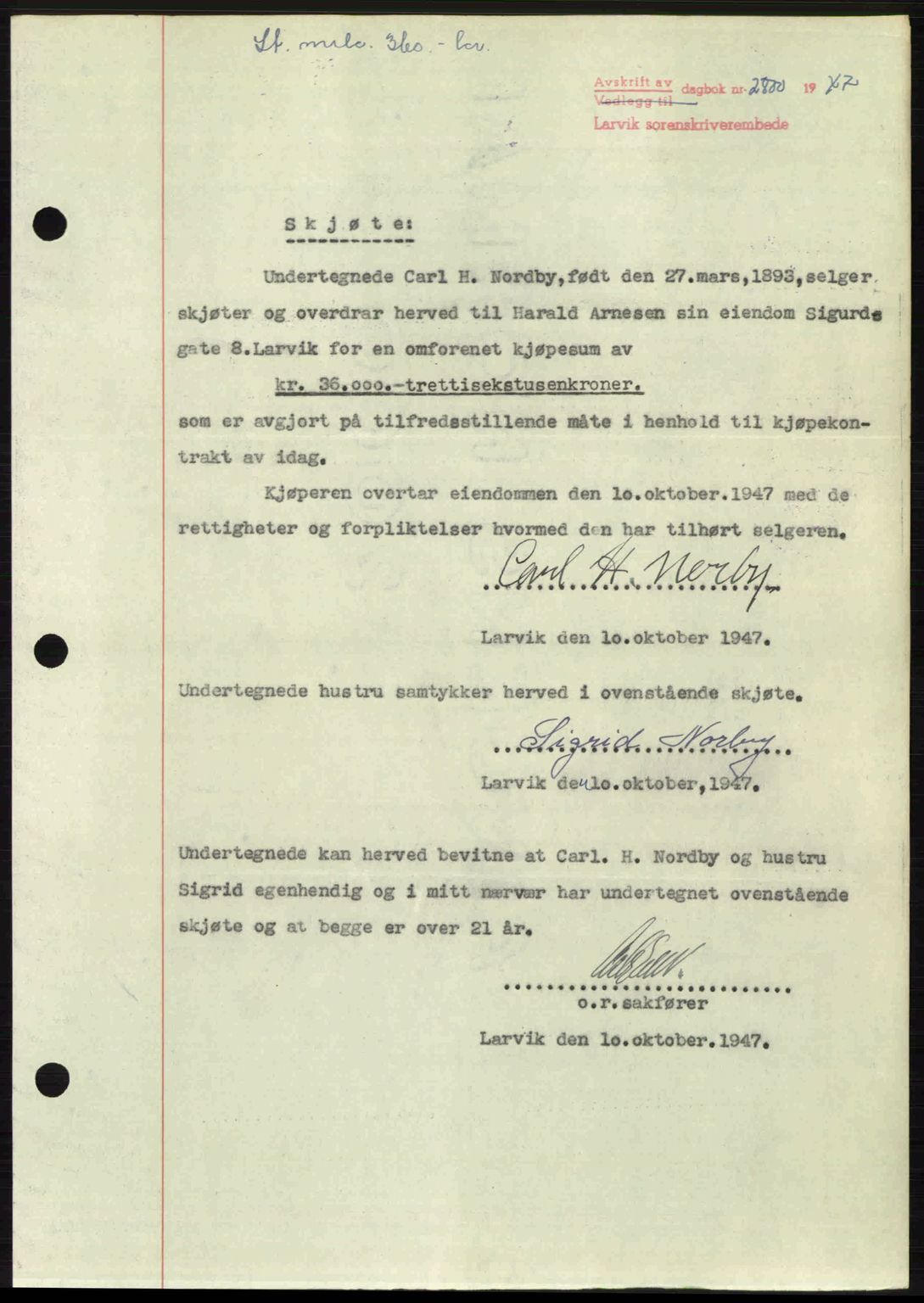 Larvik sorenskriveri, SAKO/A-83/G/Ga/Gab/L0085: Pantebok nr. A-19, 1947-1948, Dagboknr: 2800/1947