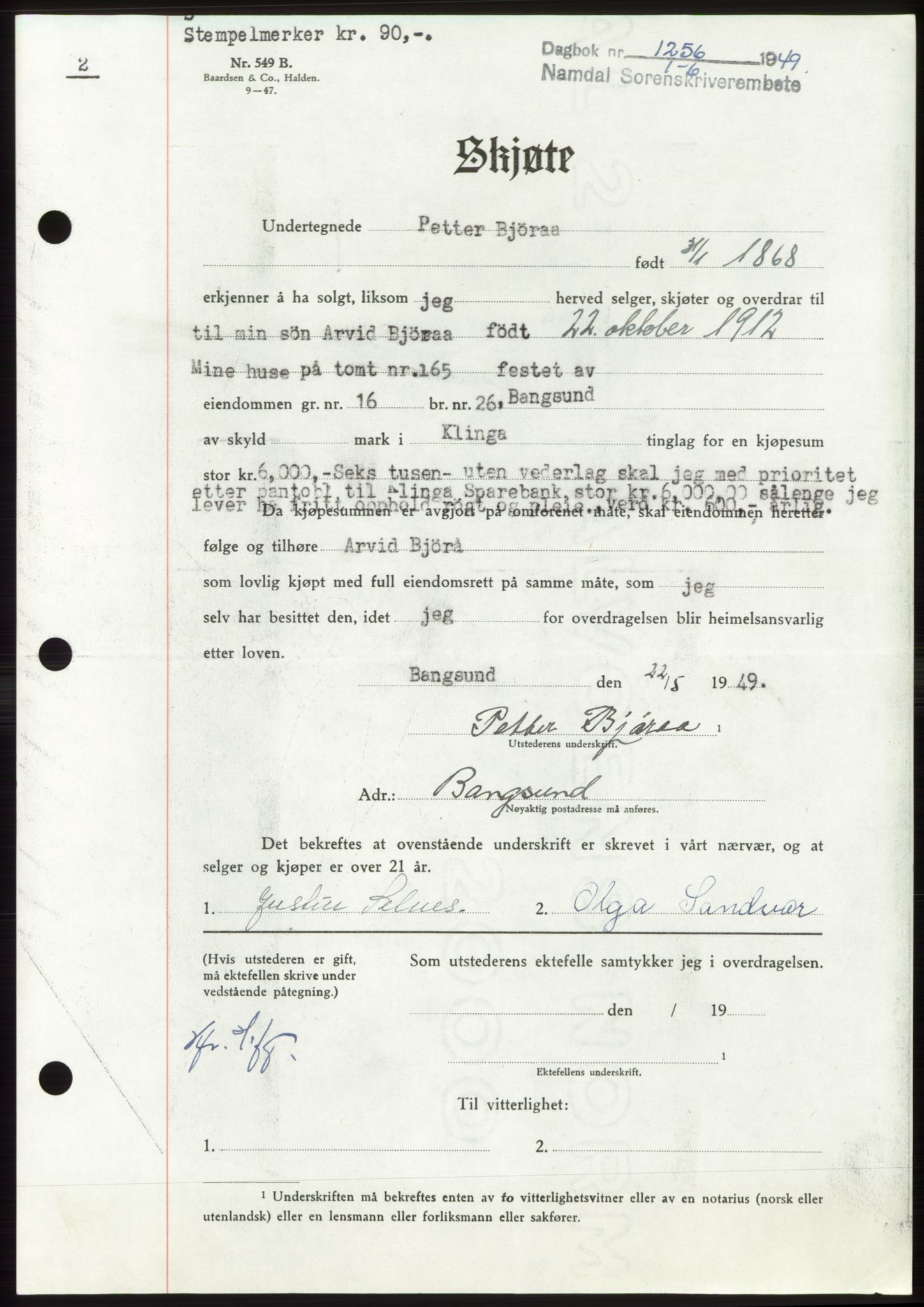 Namdal sorenskriveri, SAT/A-4133/1/2/2C: Pantebok nr. -, 1949-1949, Dagboknr: 1256/1949