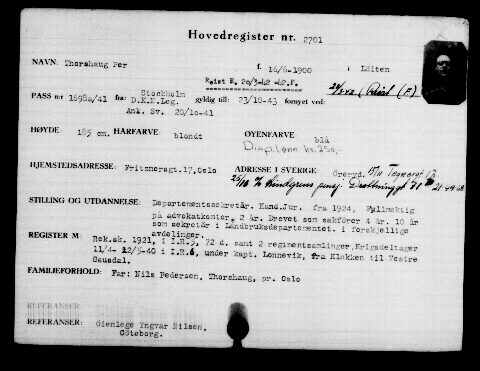 Utenriksstasjonene, Legasjonen i Stockholm, Flyktningkontoret, AV/RA-S-6753/V/Va/L0003: Kjesäterkartoteket, flyktninger med registreringsnr. 2001-3495, 1940-1945, s. 680