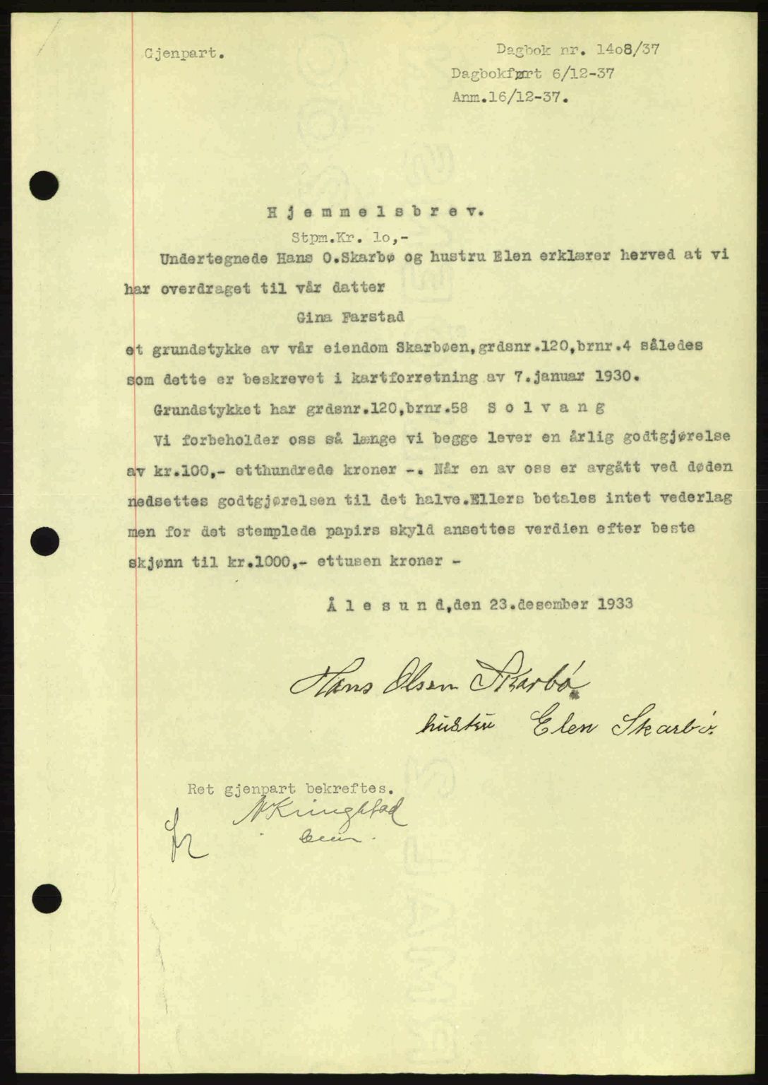 Ålesund byfogd, AV/SAT-A-4384: Pantebok nr. 34 I, 1936-1938, Dagboknr: 1408/1937