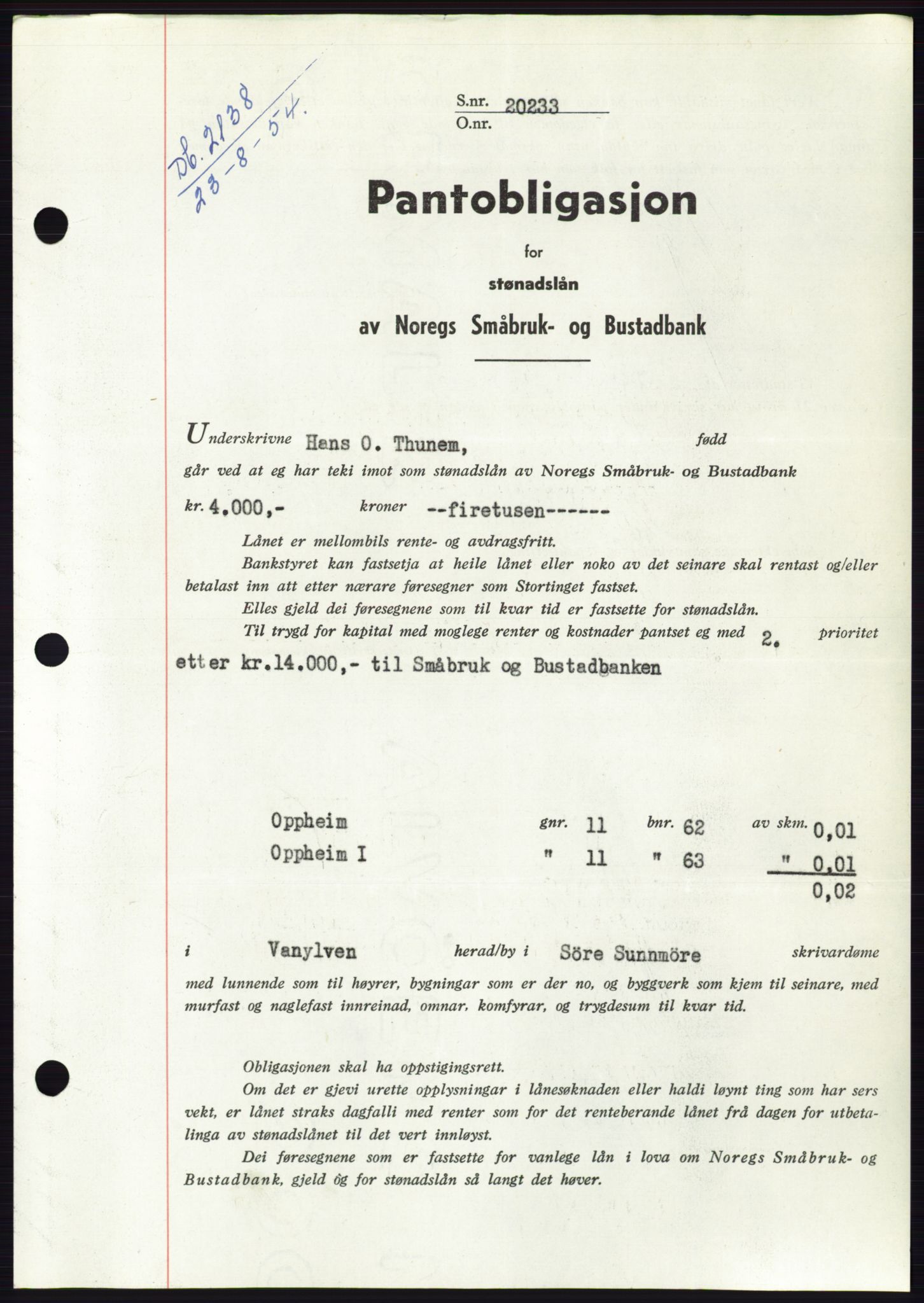 Søre Sunnmøre sorenskriveri, SAT/A-4122/1/2/2C/L0125: Pantebok nr. 13B, 1954-1954, Dagboknr: 2138/1954