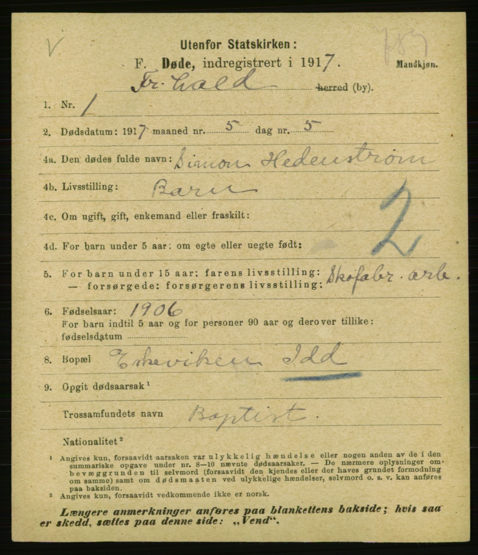 Statistisk sentralbyrå, Sosiodemografiske emner, Befolkning, AV/RA-S-2228/E/L0015: Fødte, gifte, døde dissentere., 1917, s. 2511