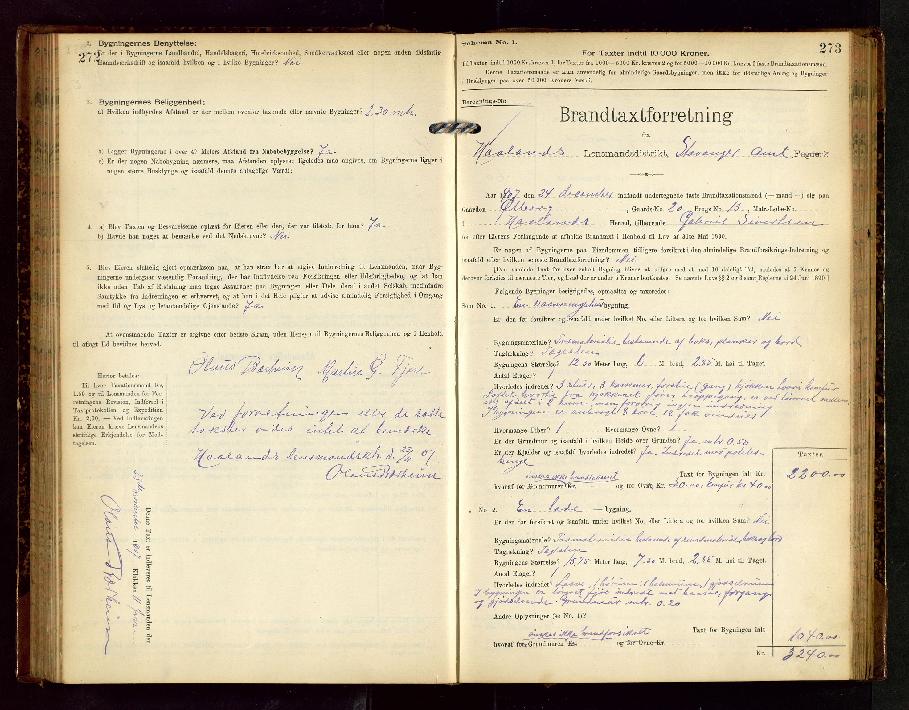 Håland lensmannskontor, AV/SAST-A-100100/Gob/L0002: Branntakstprotokoll - skjematakst. Register i boken., 1902-1906, s. 272-273