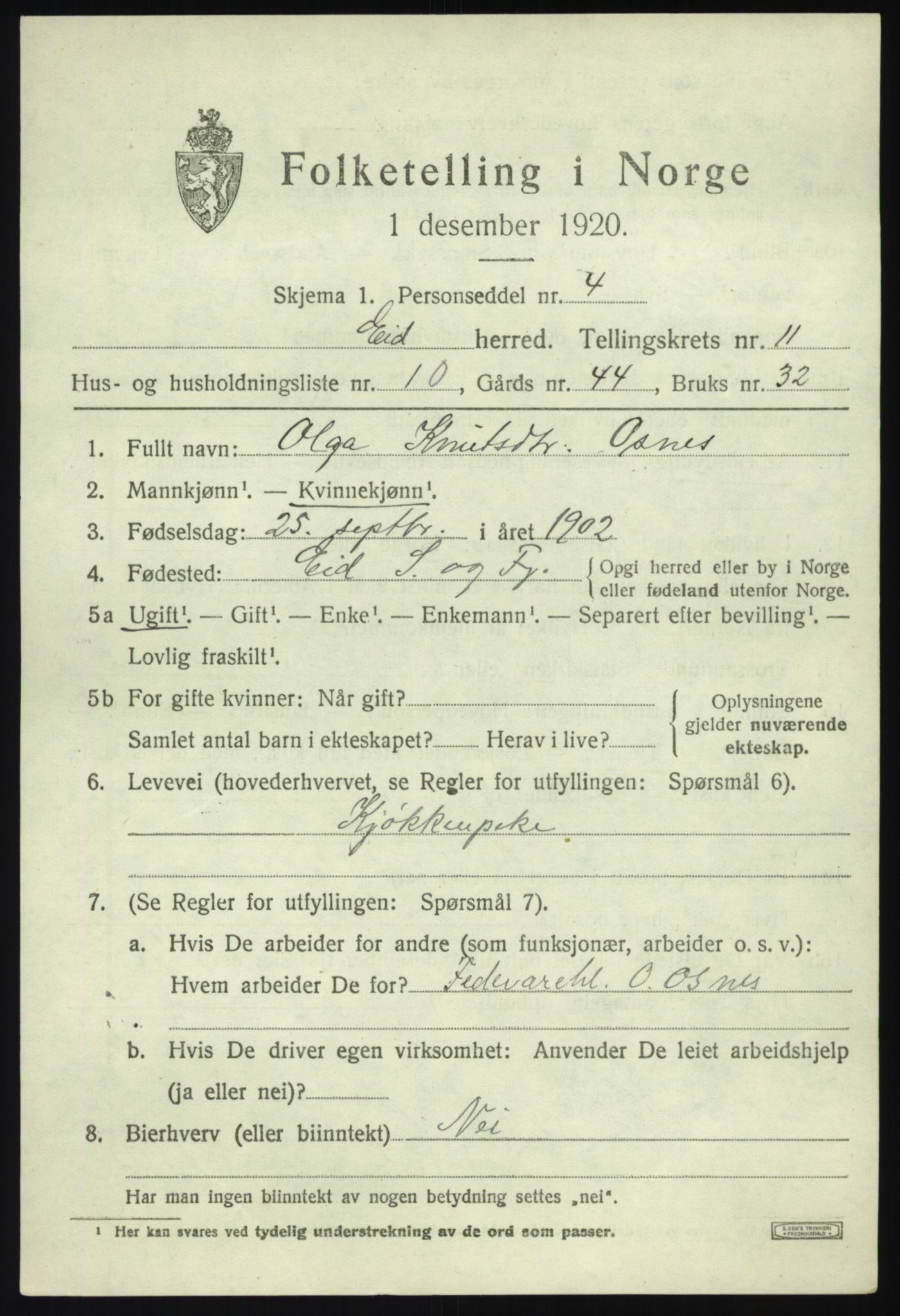 SAB, Folketelling 1920 for 1443 Eid herred, 1920, s. 6144