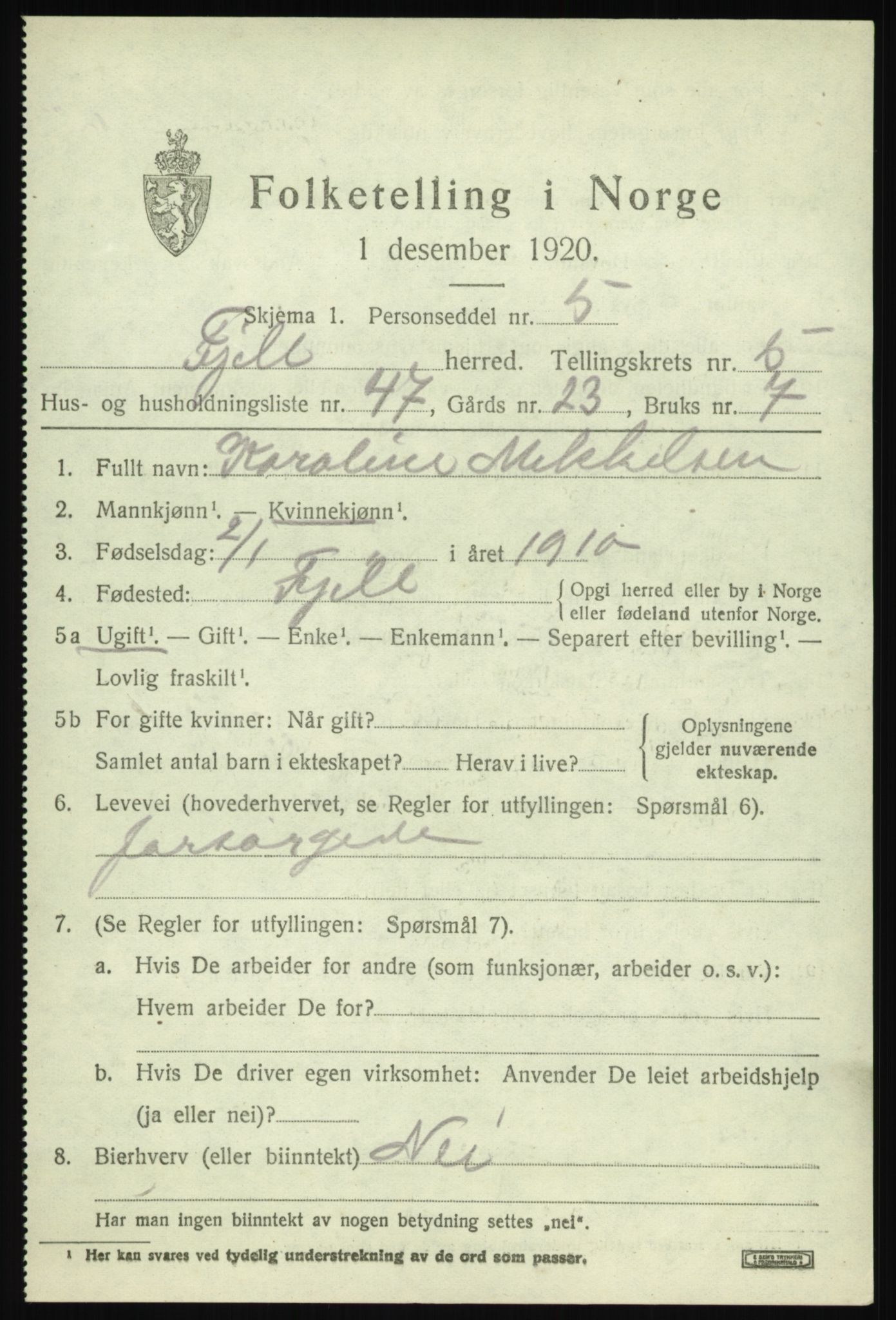 SAB, Folketelling 1920 for 1246 Fjell herred, 1920, s. 5080