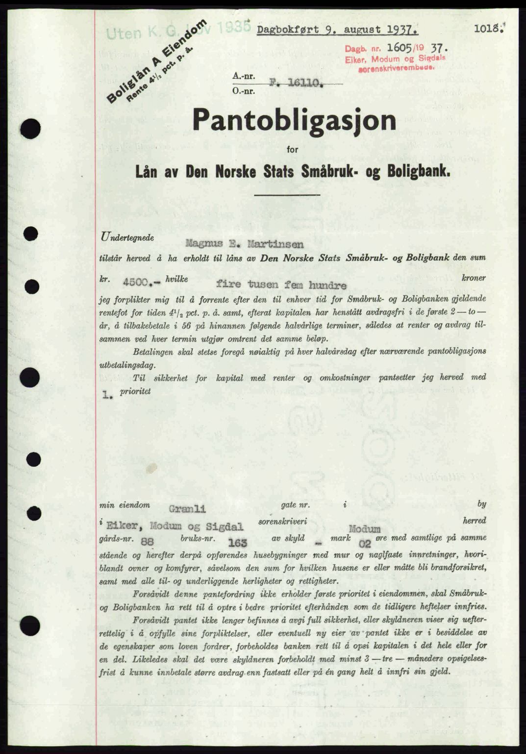 Eiker, Modum og Sigdal sorenskriveri, SAKO/A-123/G/Ga/Gab/L0035: Pantebok nr. A5, 1937-1937, Dagboknr: 1605/1937