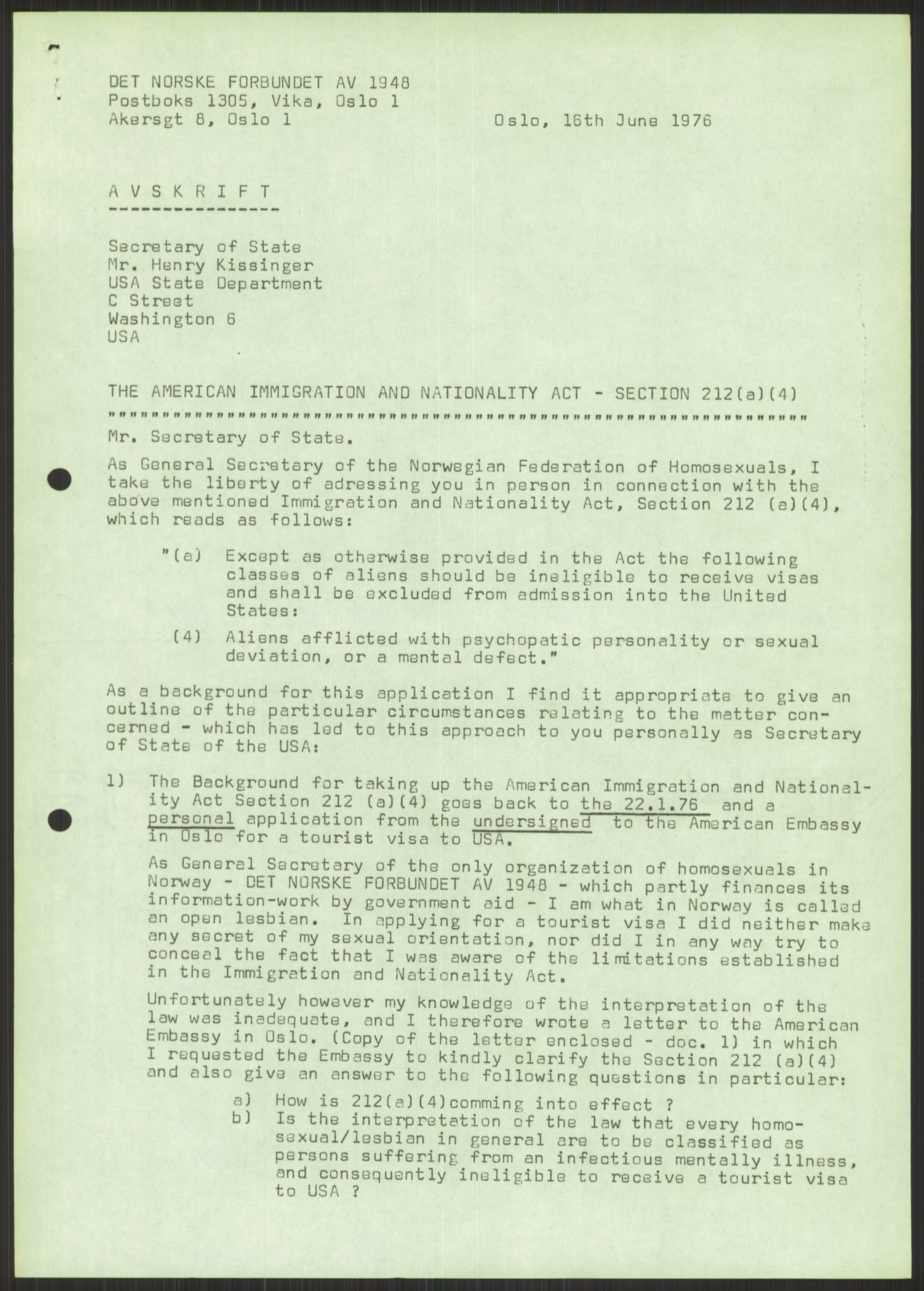 Det Norske Forbundet av 1948/Landsforeningen for Lesbisk og Homofil Frigjøring, AV/RA-PA-1216/D/Dd/L0001: Diskriminering, 1973-1991, s. 9