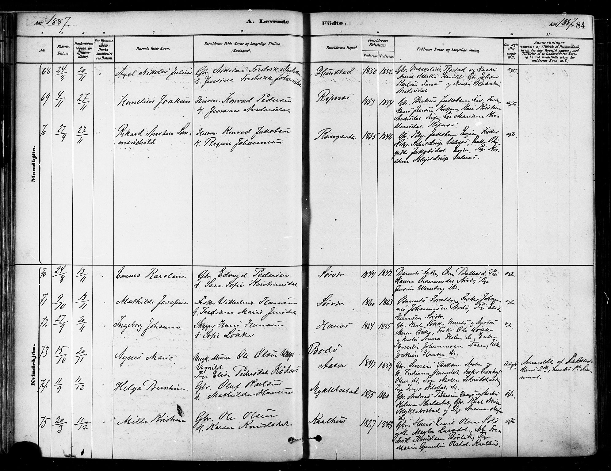 Ministerialprotokoller, klokkerbøker og fødselsregistre - Nordland, SAT/A-1459/802/L0054: Ministerialbok nr. 802A01, 1879-1893, s. 84