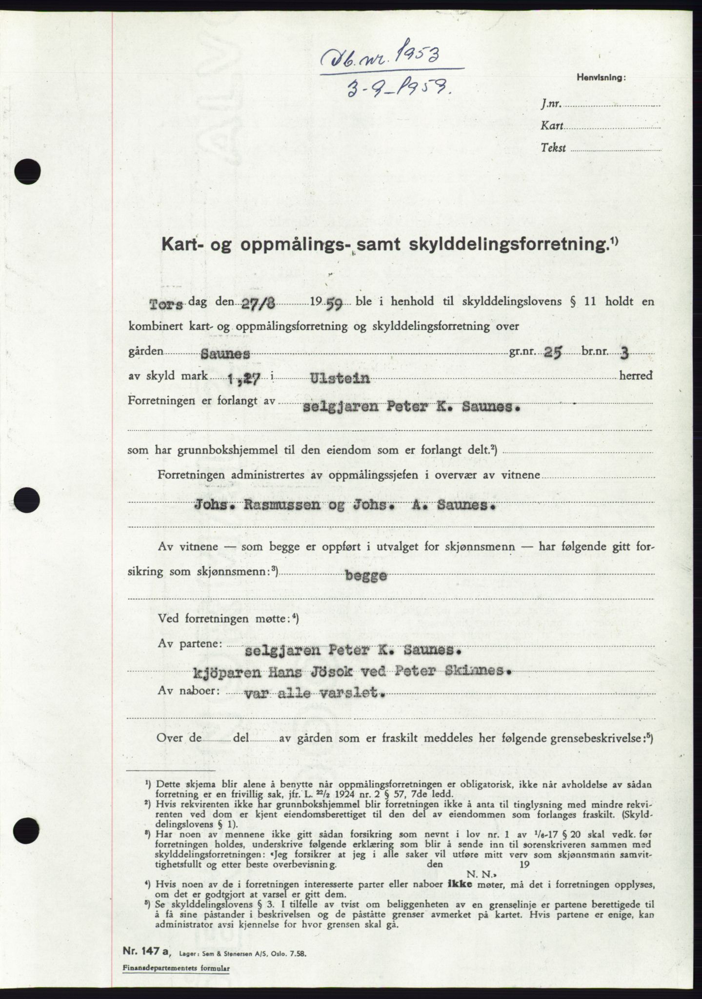 Søre Sunnmøre sorenskriveri, SAT/A-4122/1/2/2C/L0113: Pantebok nr. 39A, 1959-1959, Dagboknr: 1953/1959