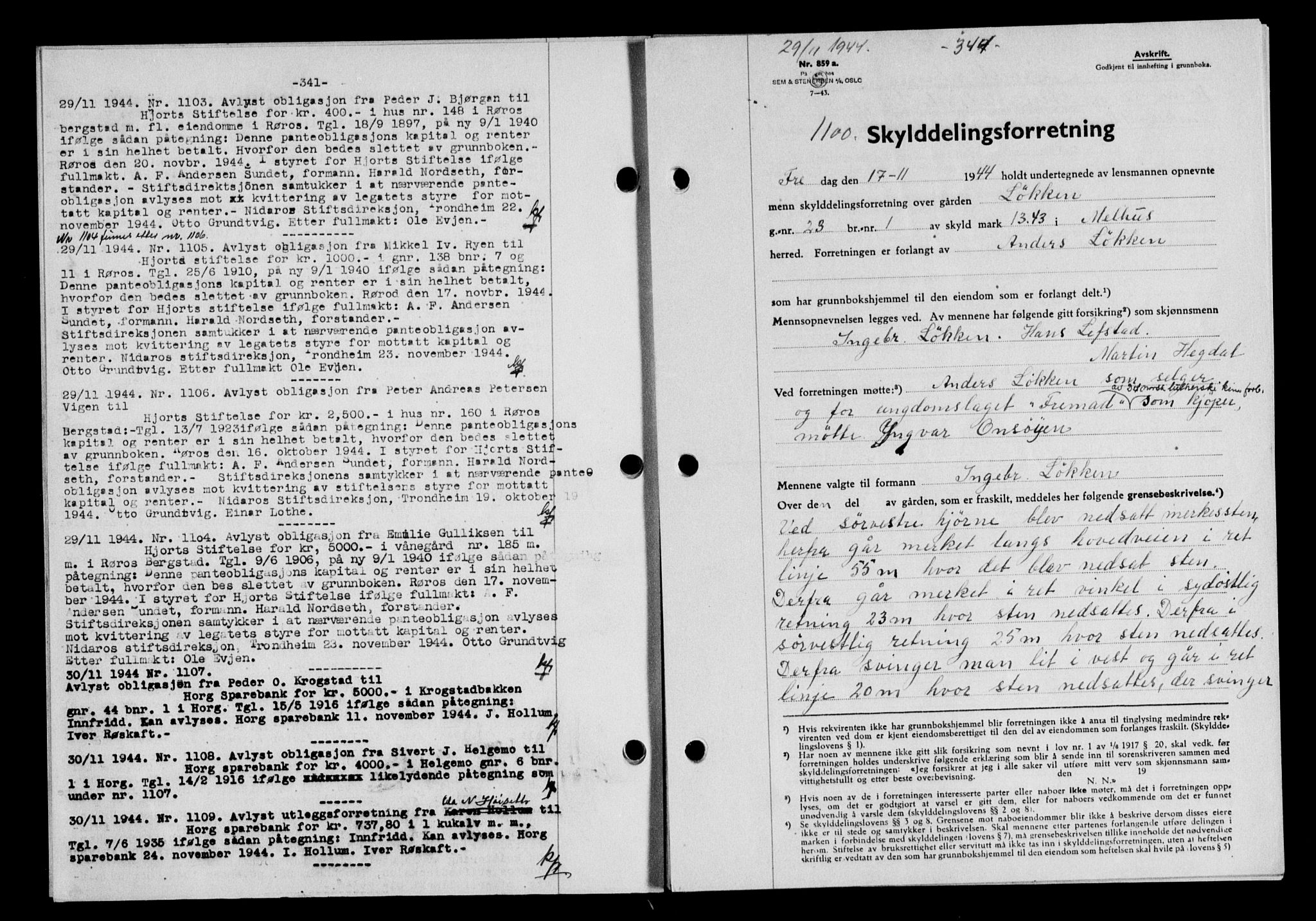 Gauldal sorenskriveri, SAT/A-0014/1/2/2C/L0058: Pantebok nr. 63, 1944-1945, Dagboknr: 1100/1944