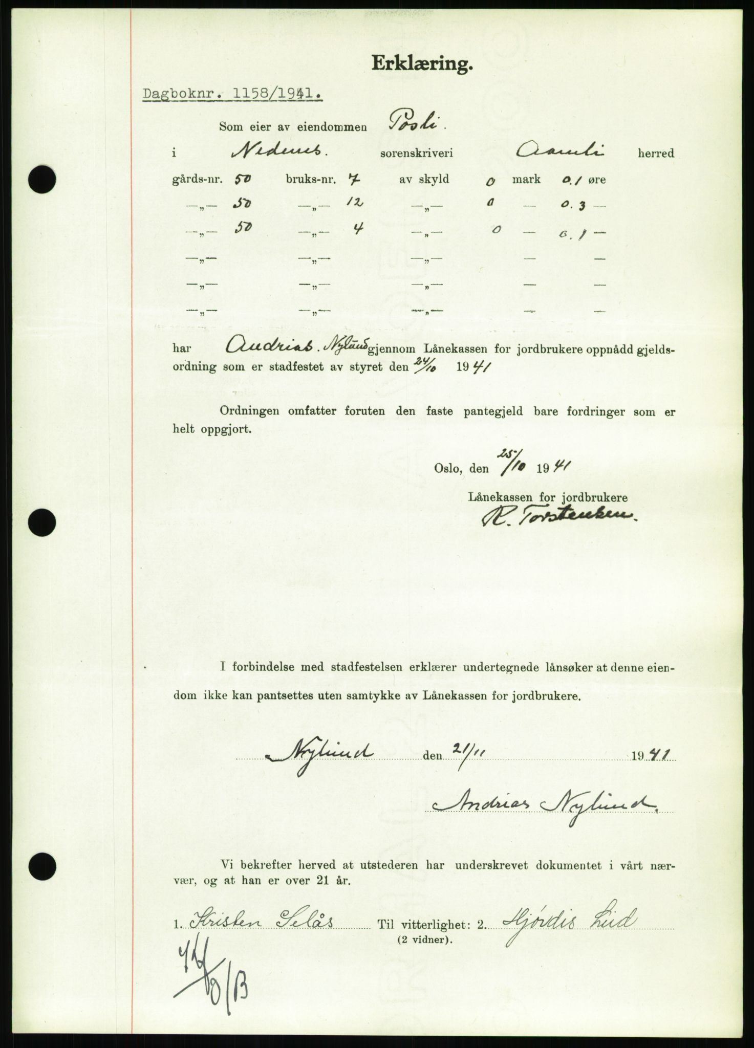 Nedenes sorenskriveri, SAK/1221-0006/G/Gb/Gbb/L0001: Pantebok nr. I, 1939-1942, Dagboknr: 1158/1941