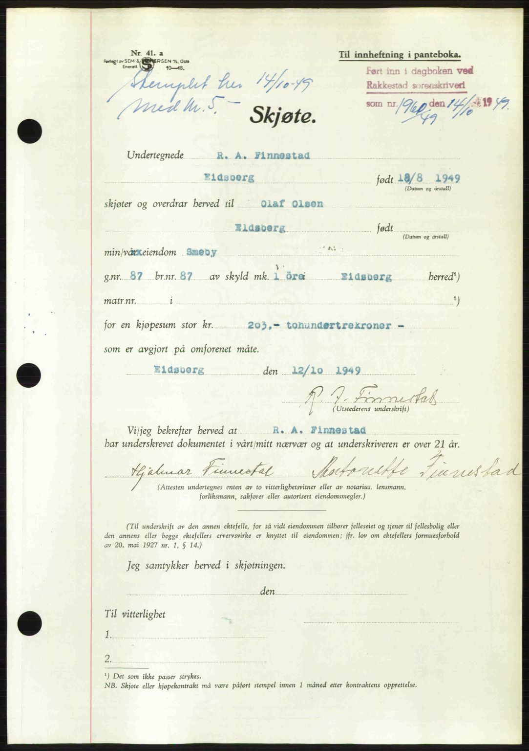 Rakkestad sorenskriveri, SAO/A-10686/G/Gb/Gba/Gbab/L0019: Pantebok nr. A19, 1949-1950, Dagboknr: 1960/1949