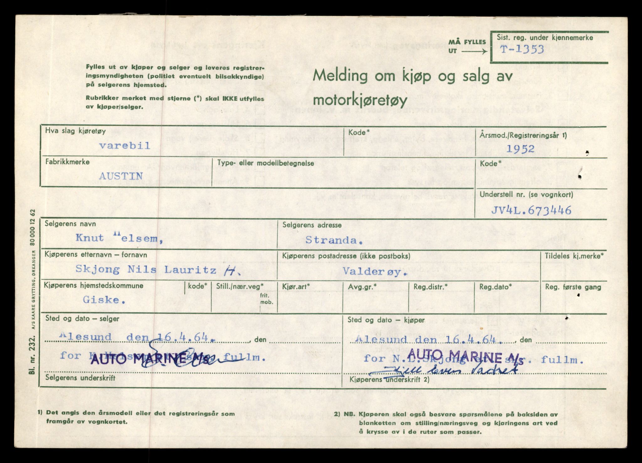 Møre og Romsdal vegkontor - Ålesund trafikkstasjon, SAT/A-4099/F/Fe/L0012: Registreringskort for kjøretøy T 1290 - T 1450, 1927-1998, s. 1446