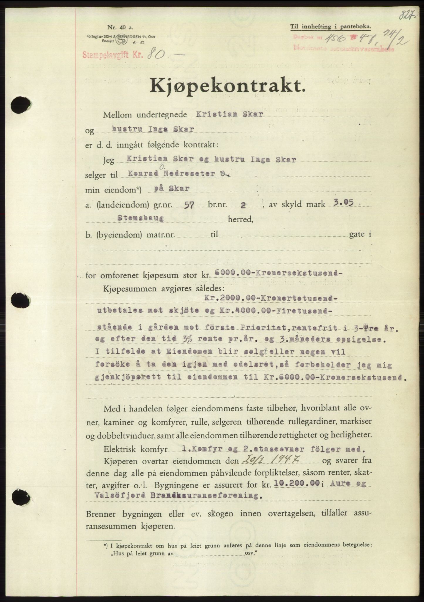 Nordmøre sorenskriveri, SAT/A-4132/1/2/2Ca: Pantebok nr. B95, 1946-1947, Dagboknr: 456/1947