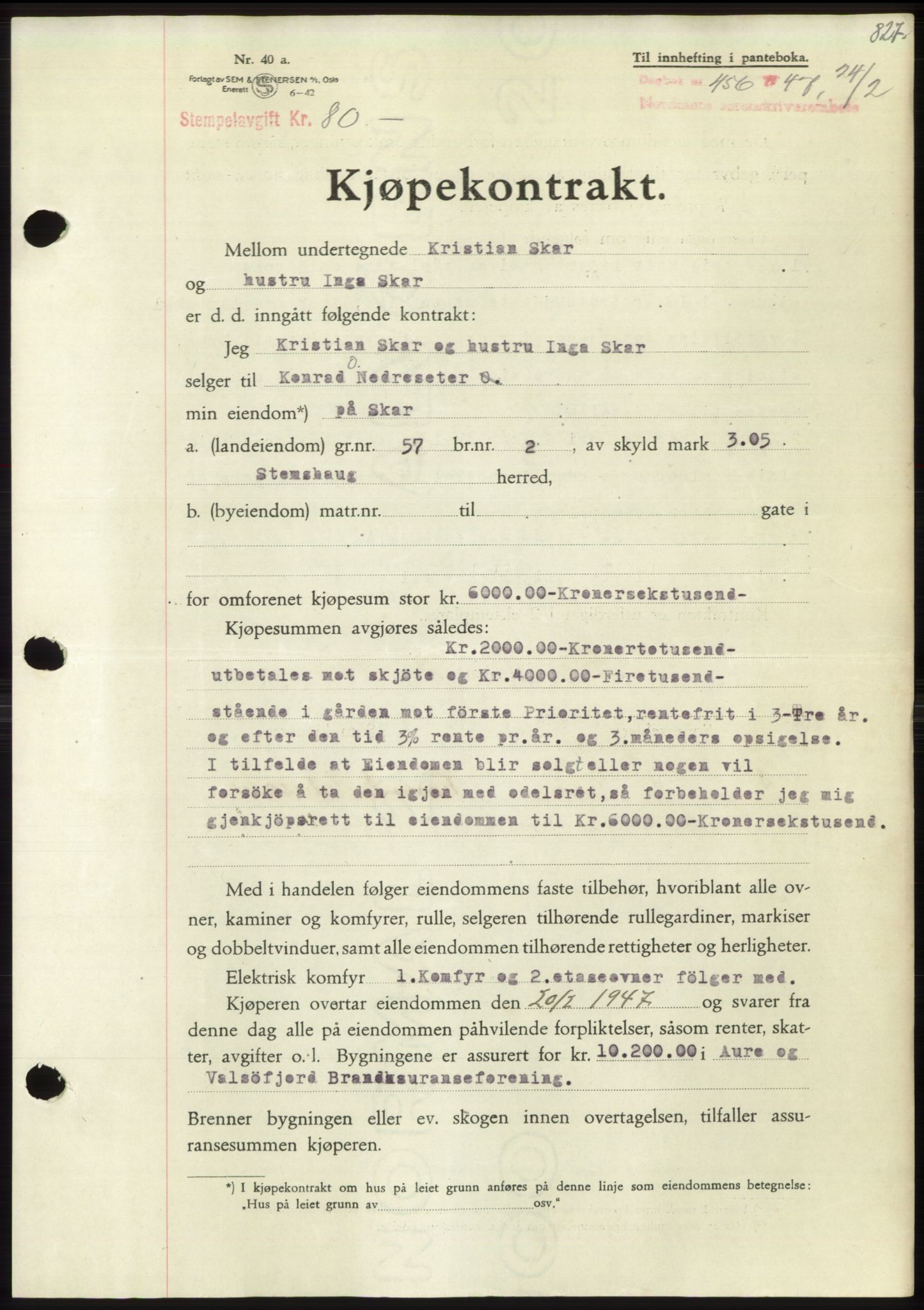 Nordmøre sorenskriveri, AV/SAT-A-4132/1/2/2Ca: Pantebok nr. B95, 1946-1947, Dagboknr: 456/1947