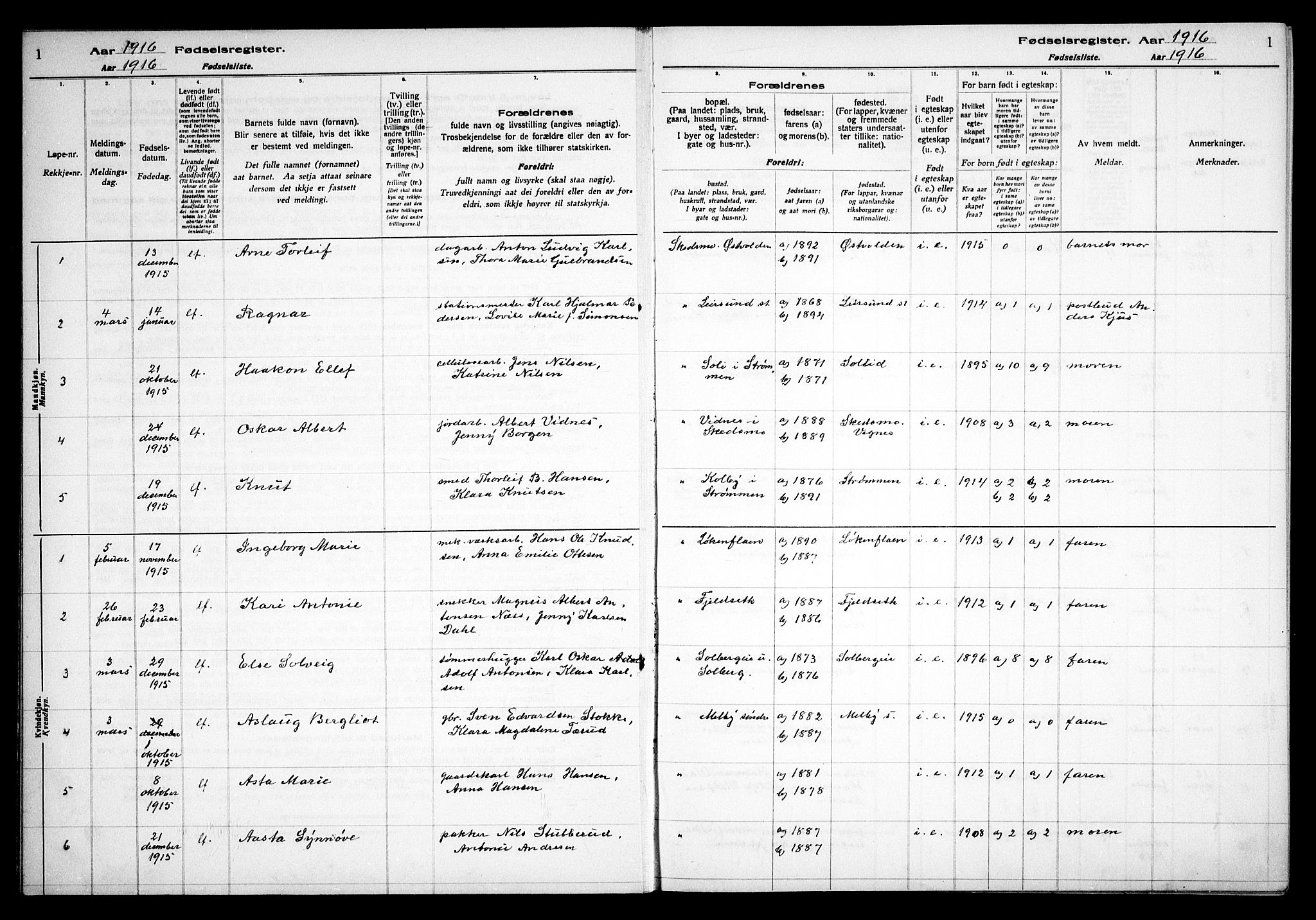 Skedsmo prestekontor Kirkebøker, AV/SAO-A-10033a/J/Ja/L0001: Fødselsregister nr. I 1, 1916-1931, s. 1