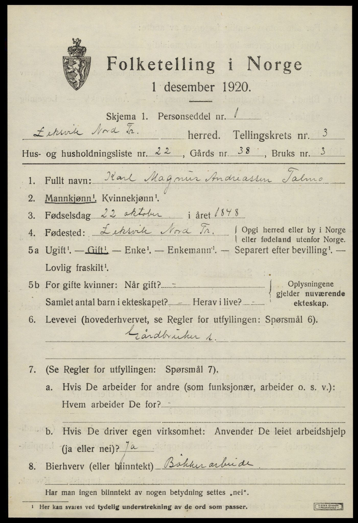 SAT, Folketelling 1920 for 1718 Leksvik herred, 1920, s. 3160