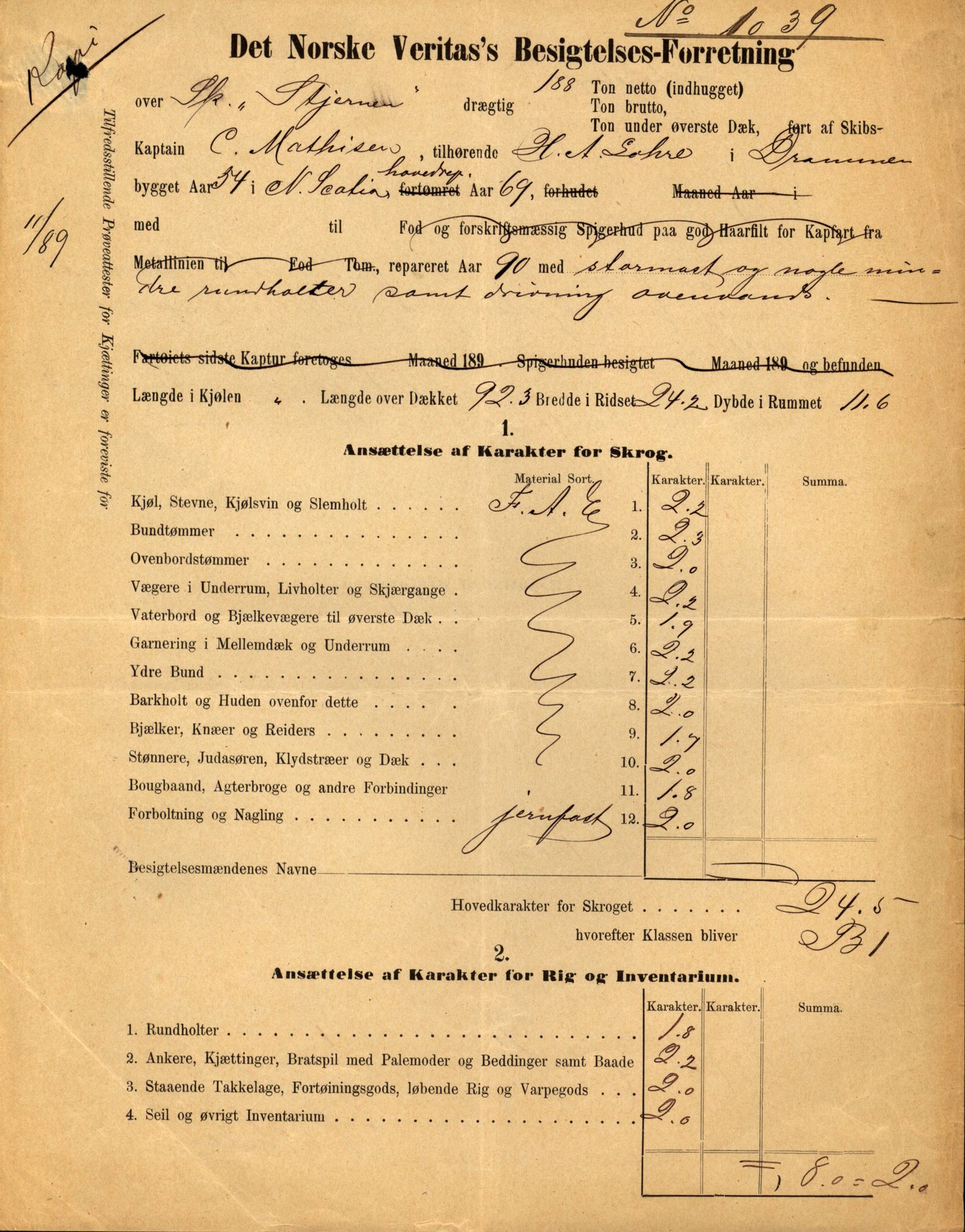 Pa 63 - Østlandske skibsassuranceforening, VEMU/A-1079/G/Ga/L0028/0005: Havaridokumenter / Tjømø, Magnolia, Caroline, Olaf, Stjernen, 1892, s. 176