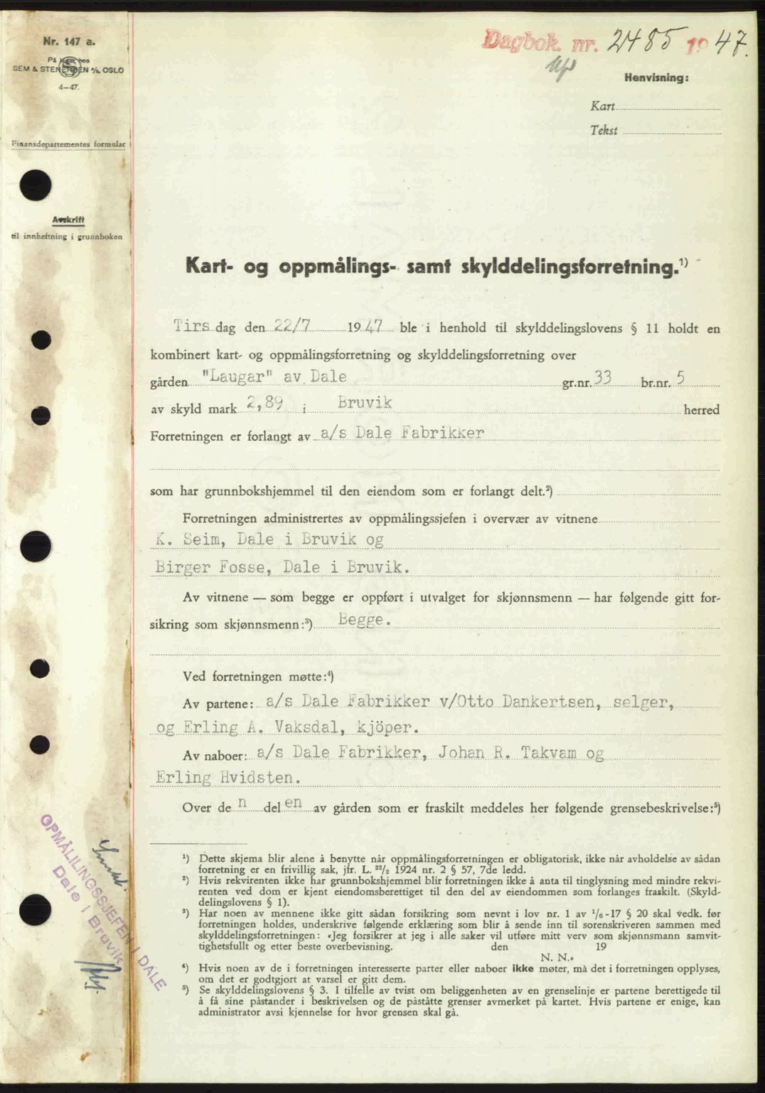 Nordhordland sorenskrivar, SAB/A-2901/1/G/Gb/Gbf/L0032: Pantebok nr. A32, 1947-1947, Dagboknr: 2485/1947
