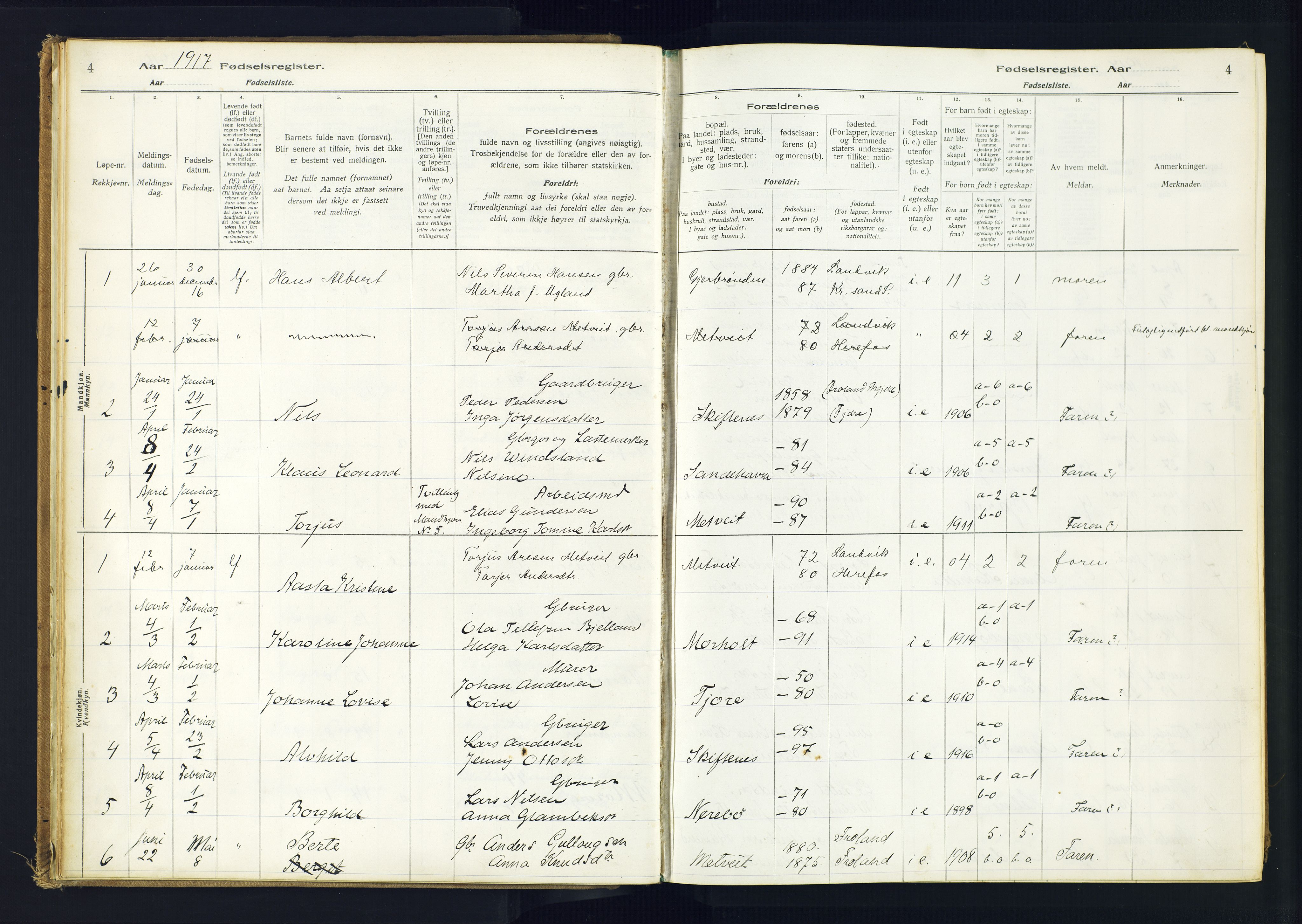 Hommedal sokneprestkontor, SAK/1111-0023/J/Jd/L0001: Fødselsregister nr. 1, 1916-1962, s. 4